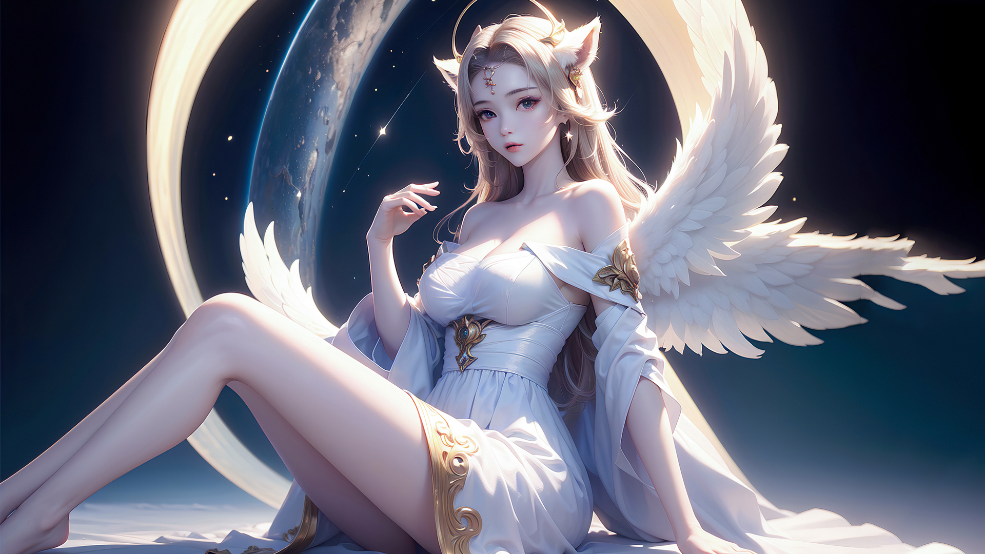 金色光环笼罩的金发猫耳美女，长有白色羽翼，身着饰有金色纹样的白色露肩长裙，坐于深蓝色星空背景中，身旁环绕着行星与金色发光环形结构。