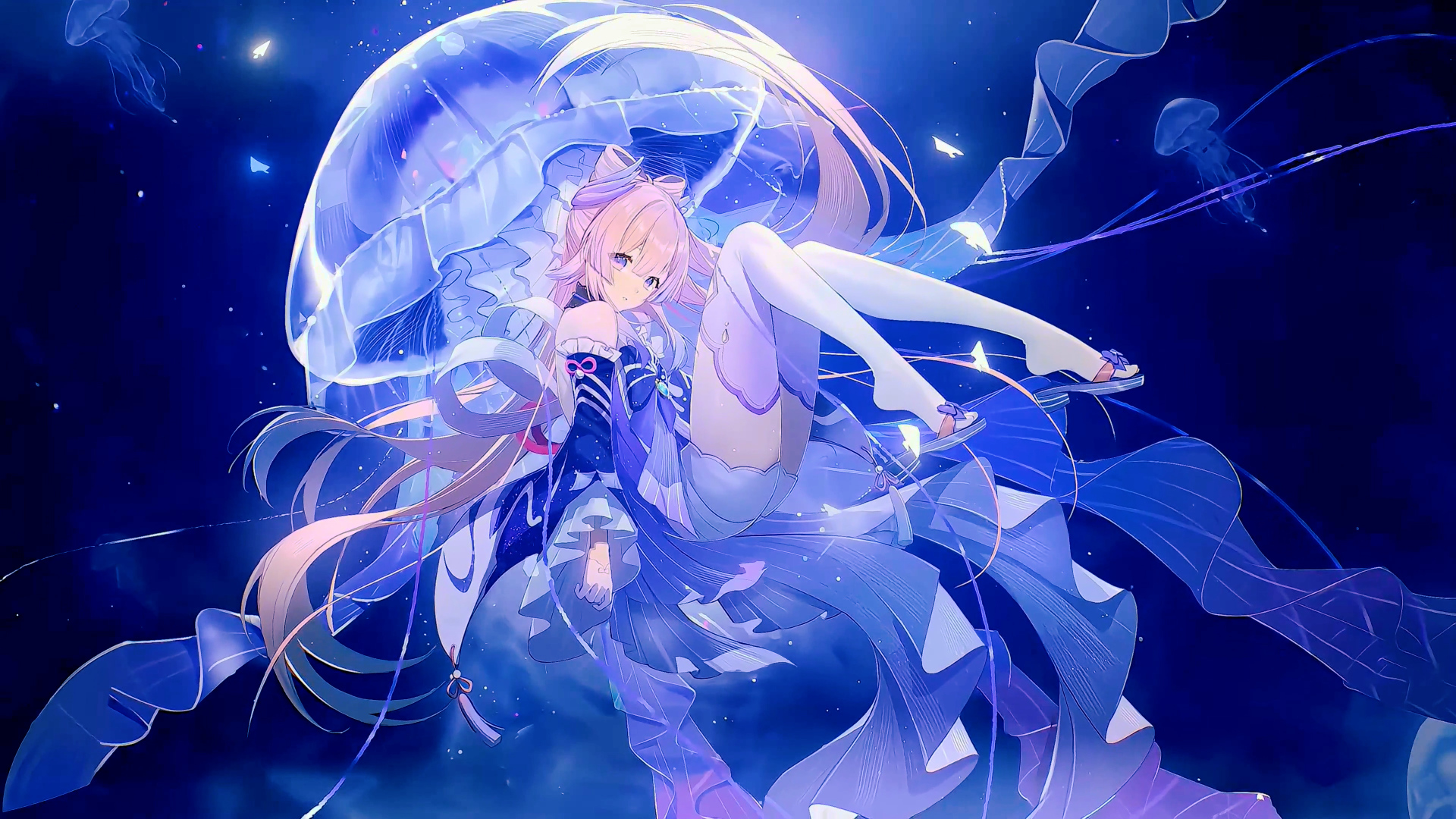 深蓝深海背景中，粉长发少女悬浮在巨型发光半透明水母身前。