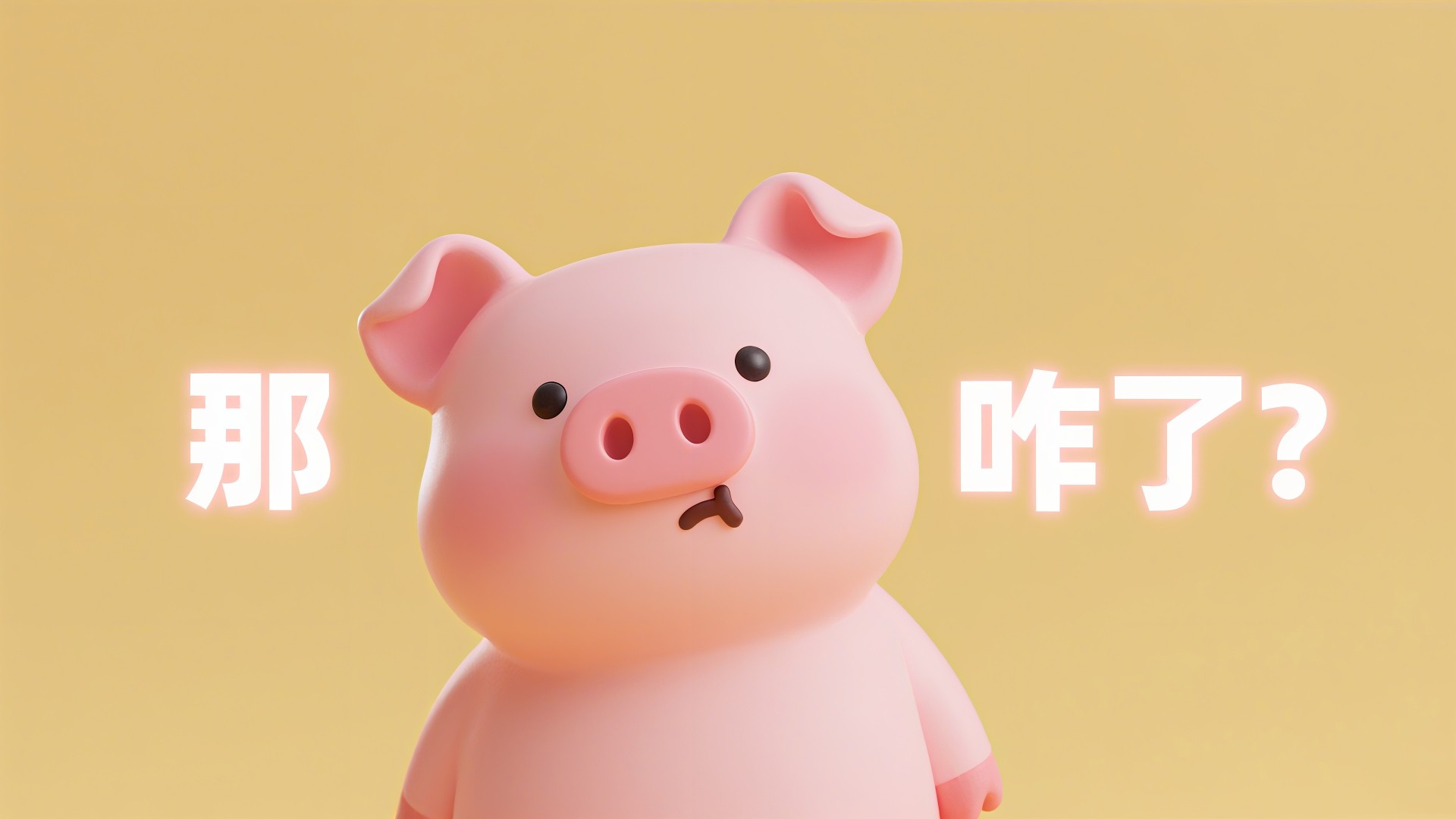 暖黄色背景上的粉色3D小猪与两侧白色发光文字。