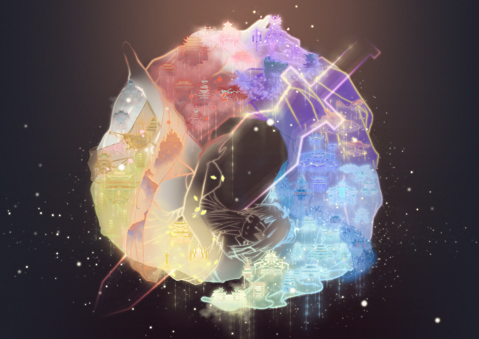 深黑星夜背景里渐变发光的环形古建插画