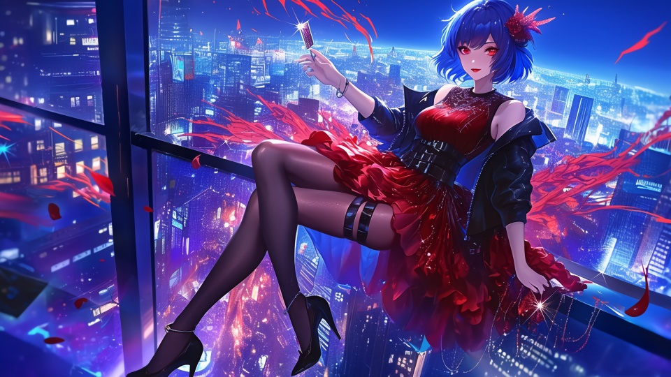 蓝色头发红裙子御姐美女4K壁纸