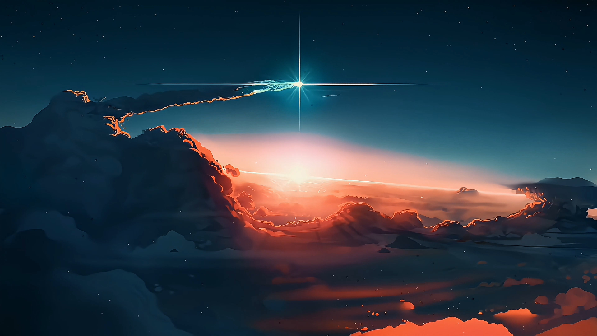 深蓝色星空下，云海被暖橙色光晕包裹，十字星芒悬于天际。