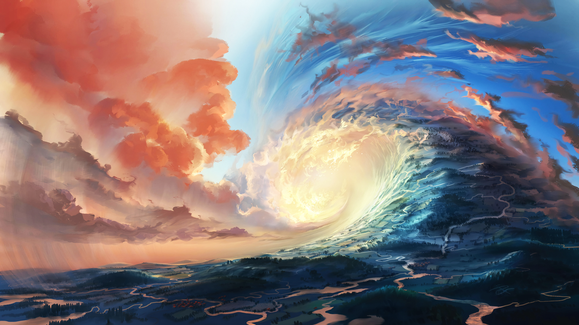 漩涡云浪与晨昏大地风景插画