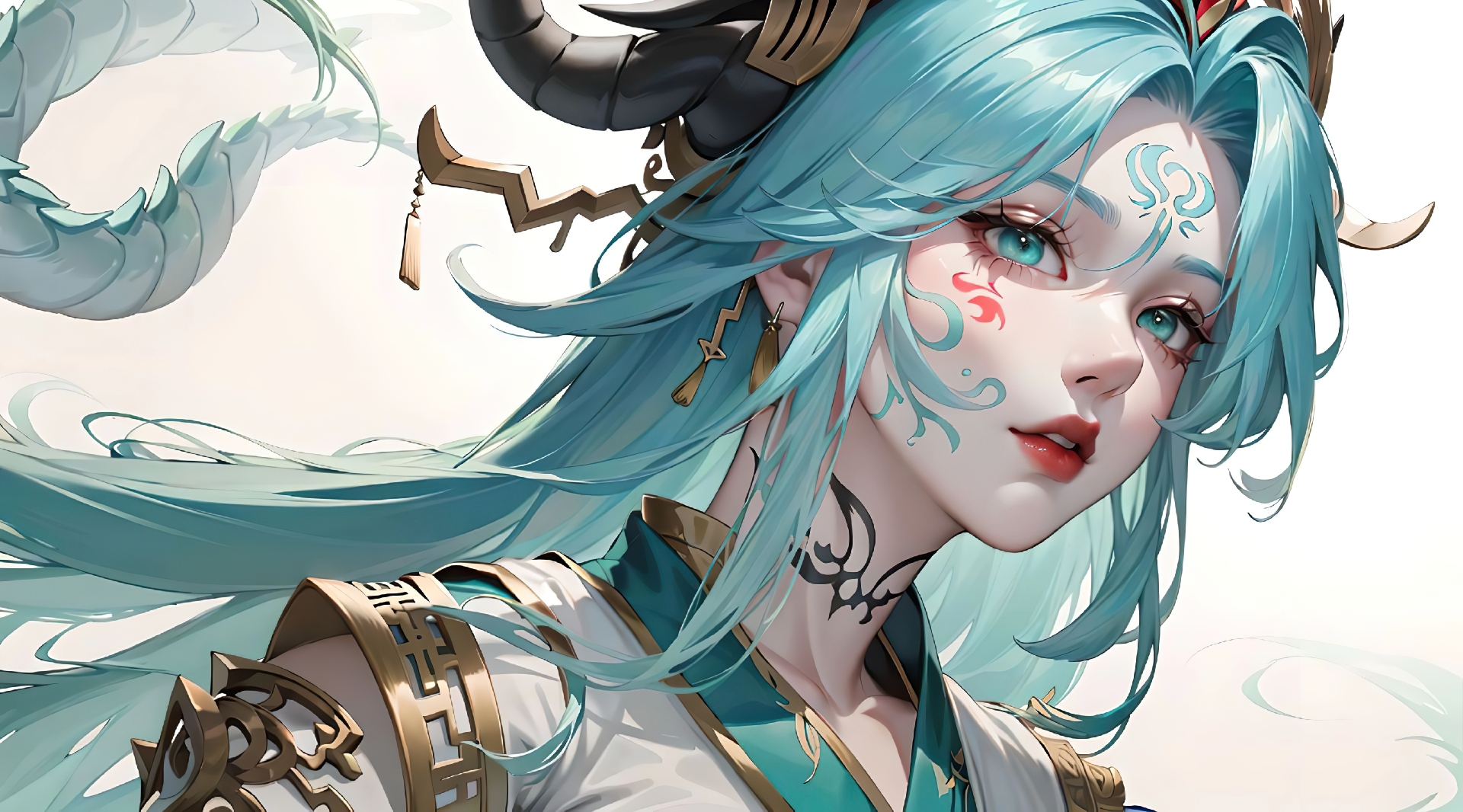 青蓝长发奇幻少女近景，带黑角金饰与额纹