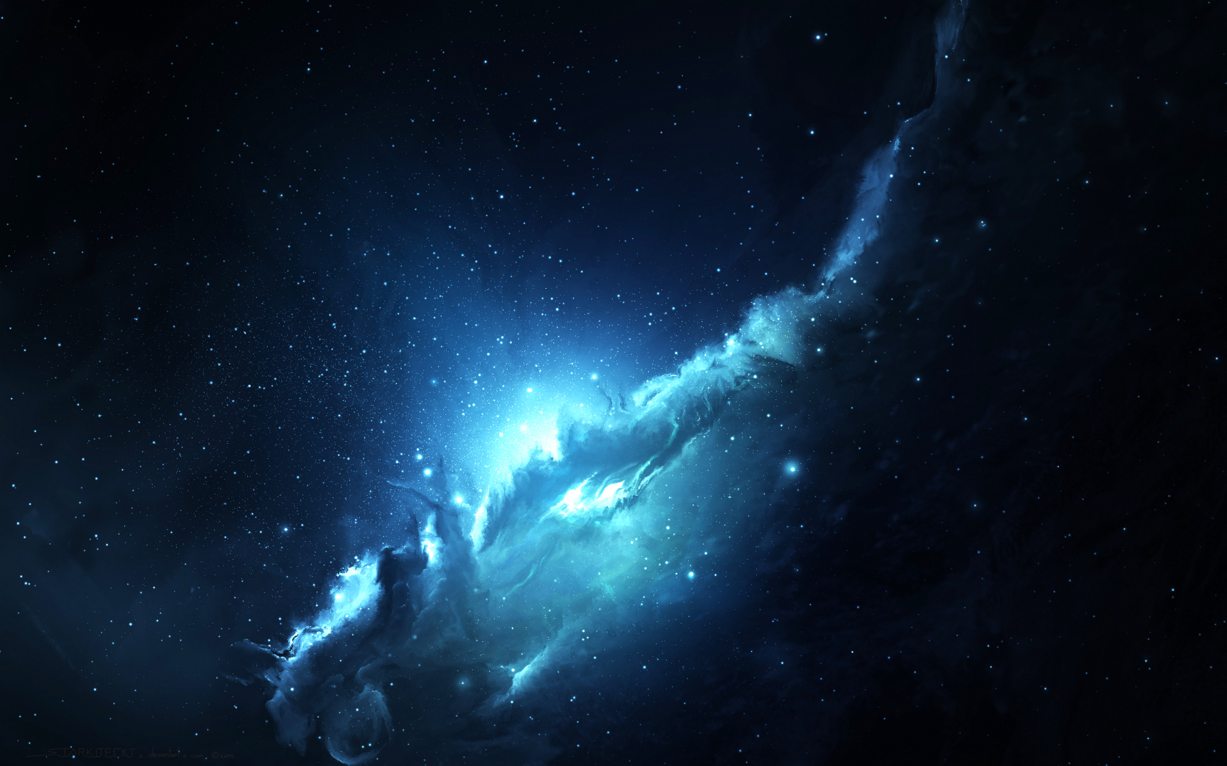 深邃黑色夜空里布满细碎星点，明亮的蓝青色星云斜向延展，呈现梦幻感。