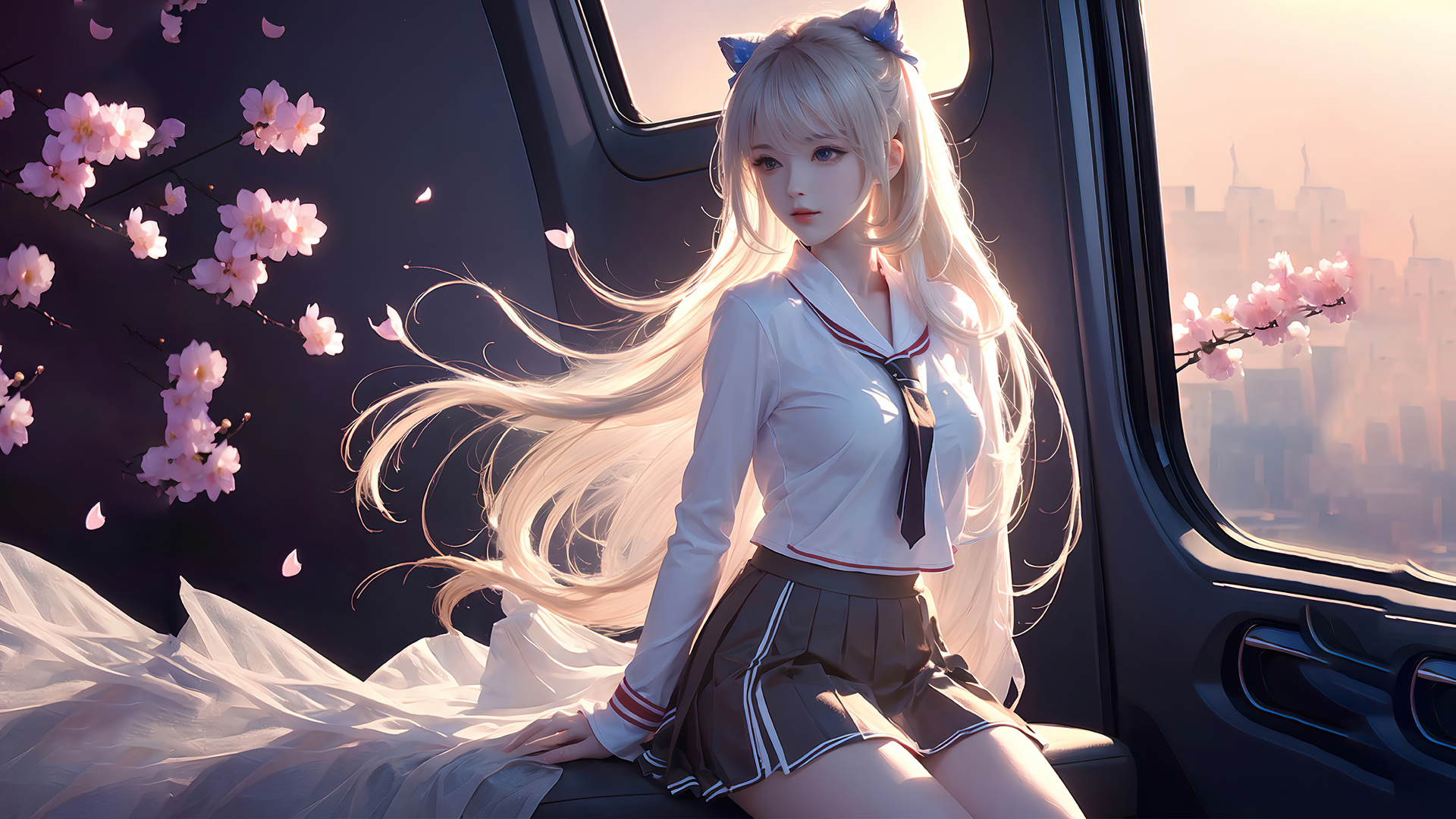 金发水手服少女身处车内，粉色樱花在车内外盛放，暖光勾勒飘逸长发。