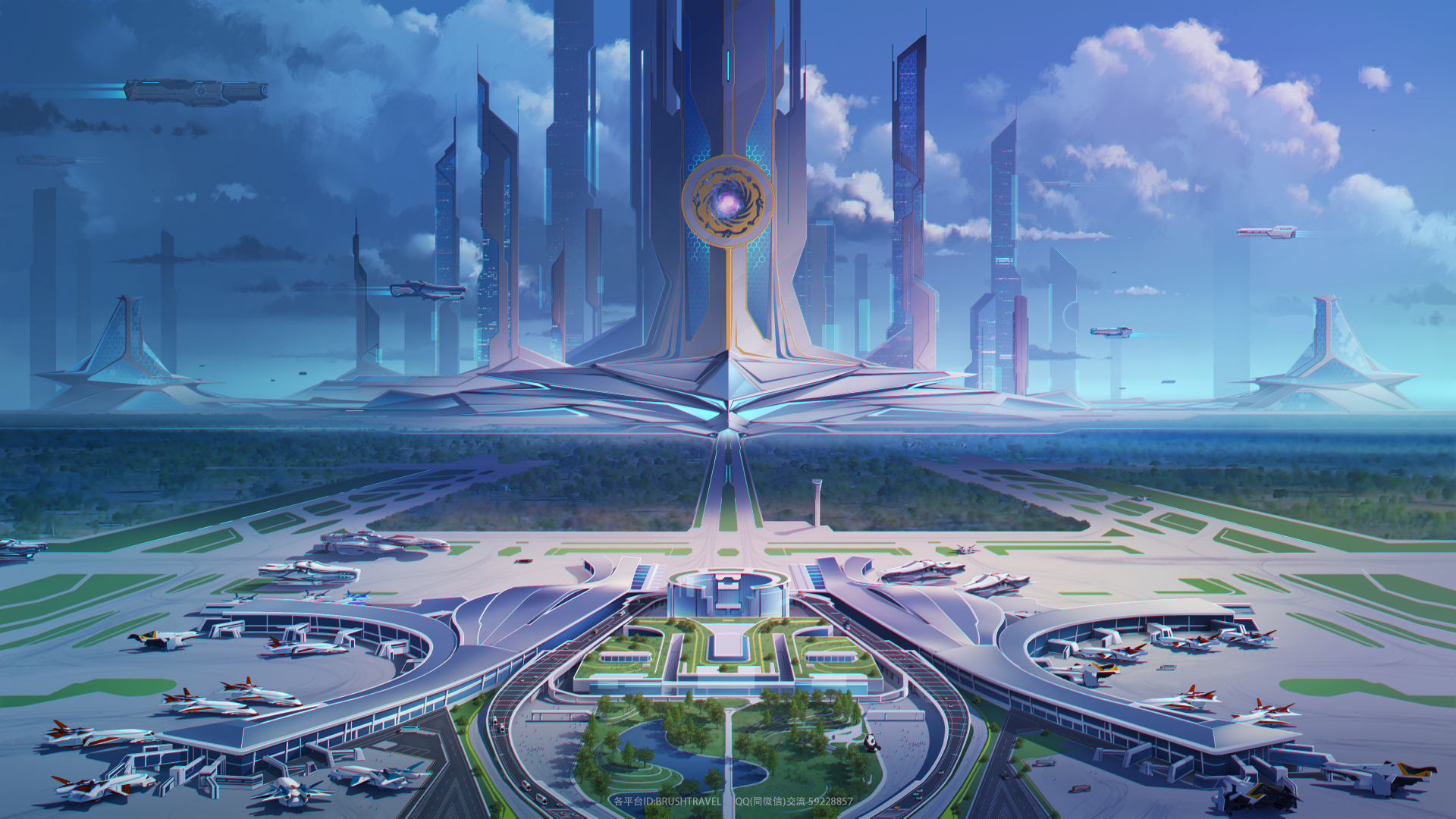 蓝调科幻未来空港城全景，巨型尖塔矗立，飞行器散布停机坪与空域。