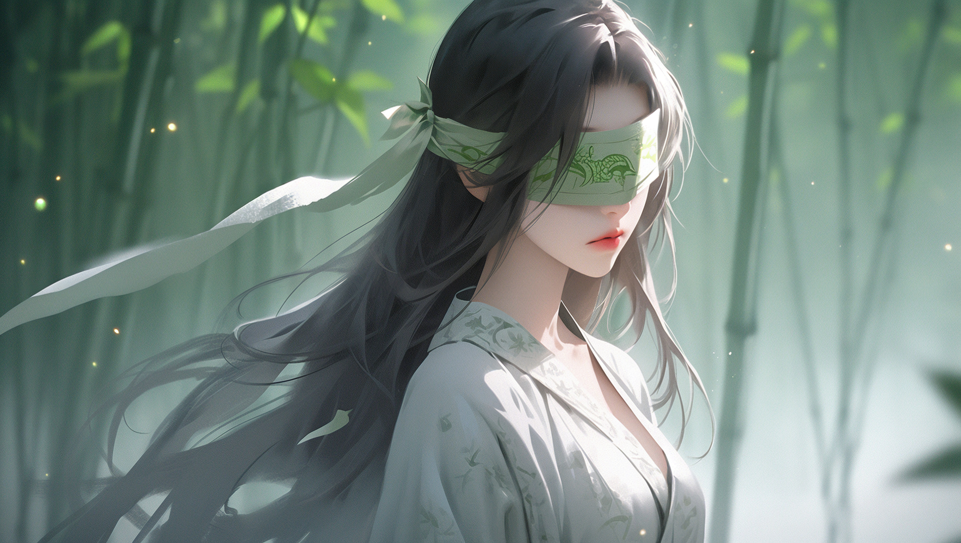 蒙着浅绿暗纹布带的古风女性立于雾气竹林中