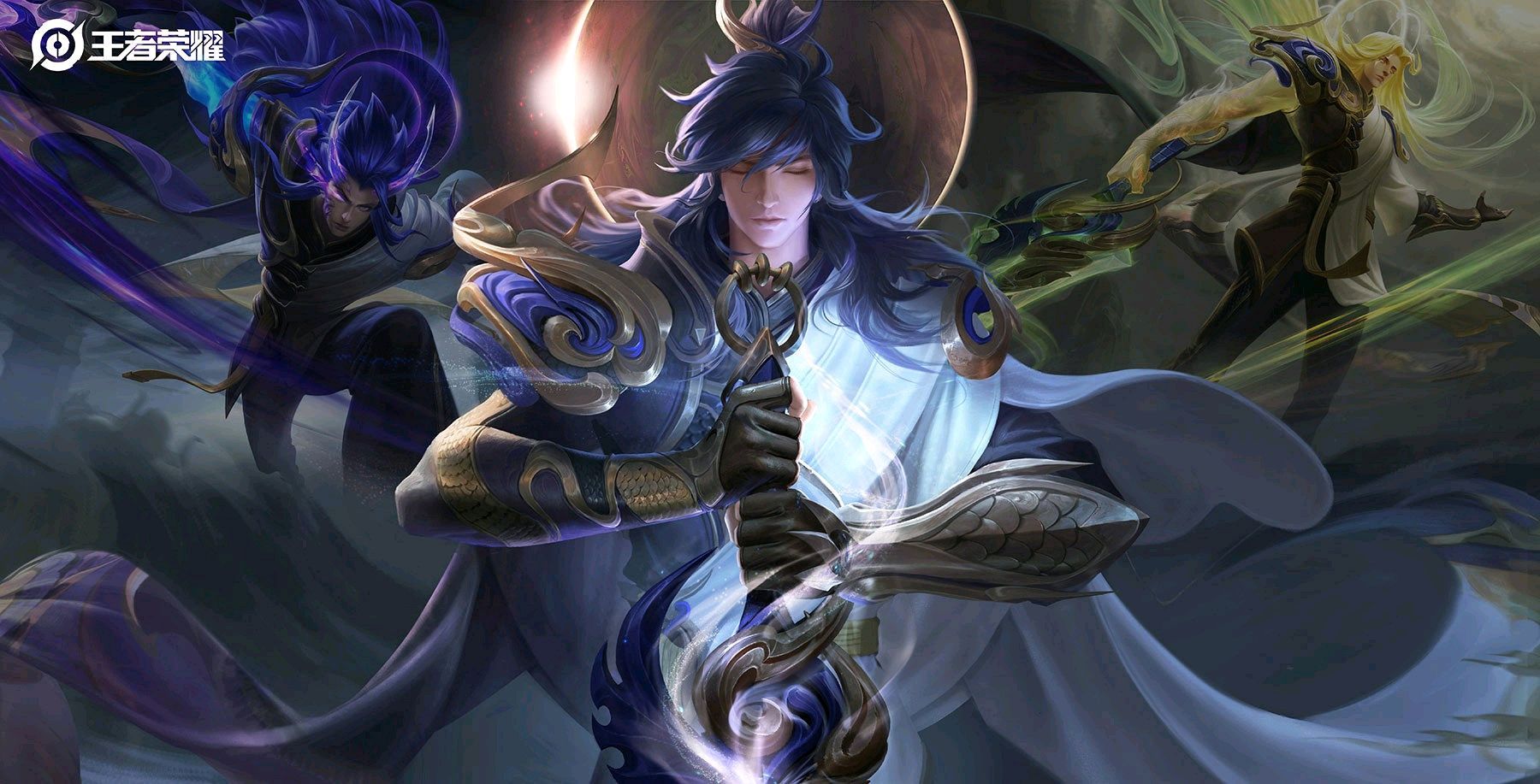 王者荣耀李信一念神魔三形态立绘，三名李信分置左右与中央，中央角色握持缠绕紫蓝流光的武器，背景为神话虚空云雾。