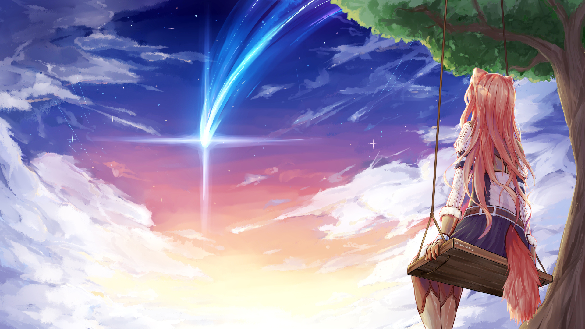 橙发兽耳少女坐秋千眺望流星与渐变晚霞。