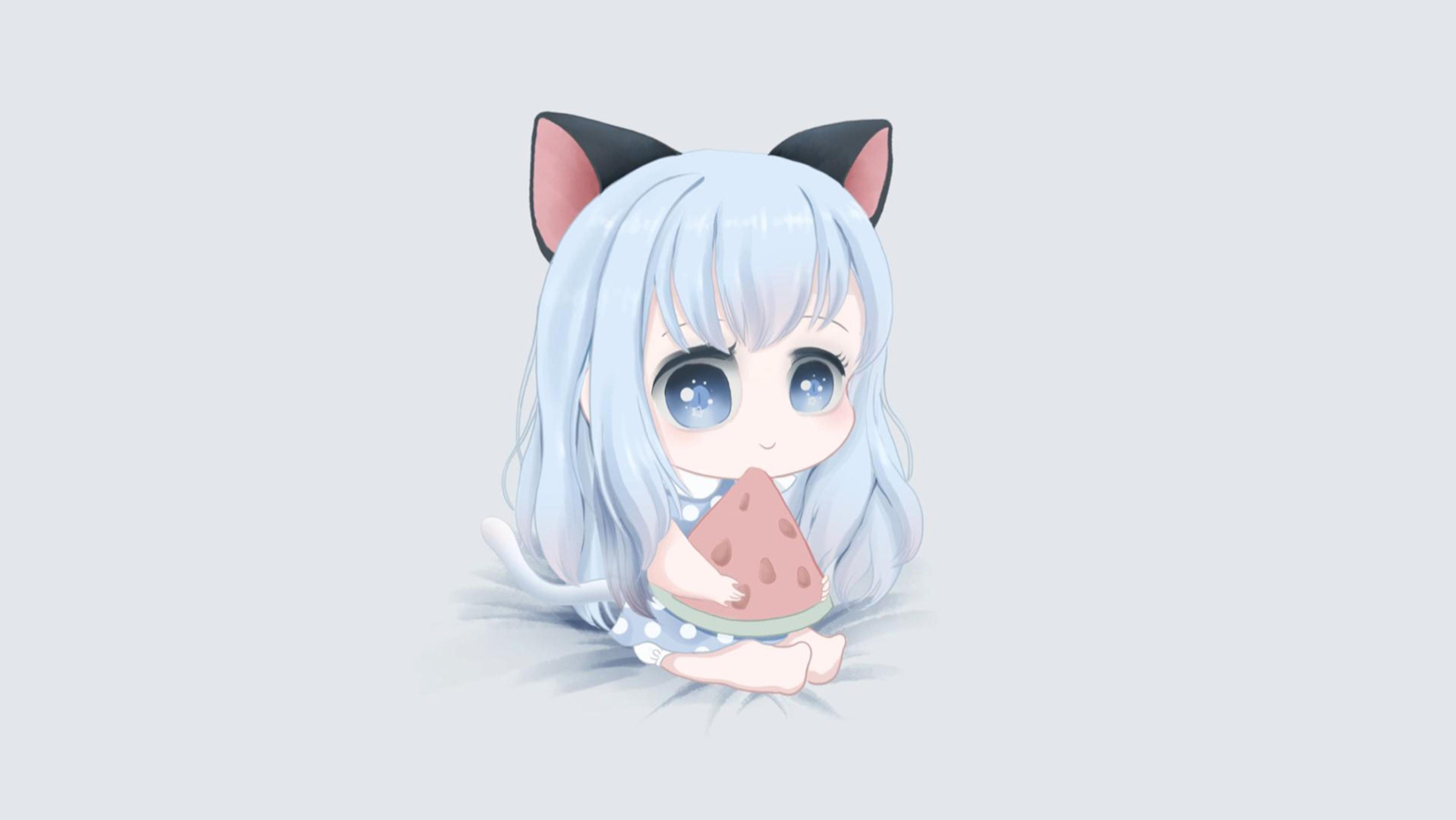浅蓝长发Q版猫耳女孩坐于浅灰背景中抱西瓜片