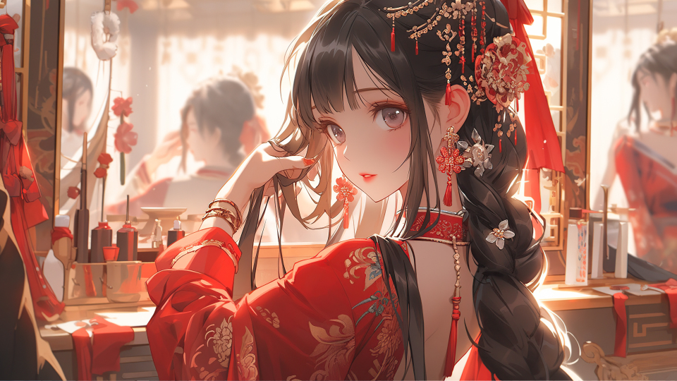 红衣少女梳妆
