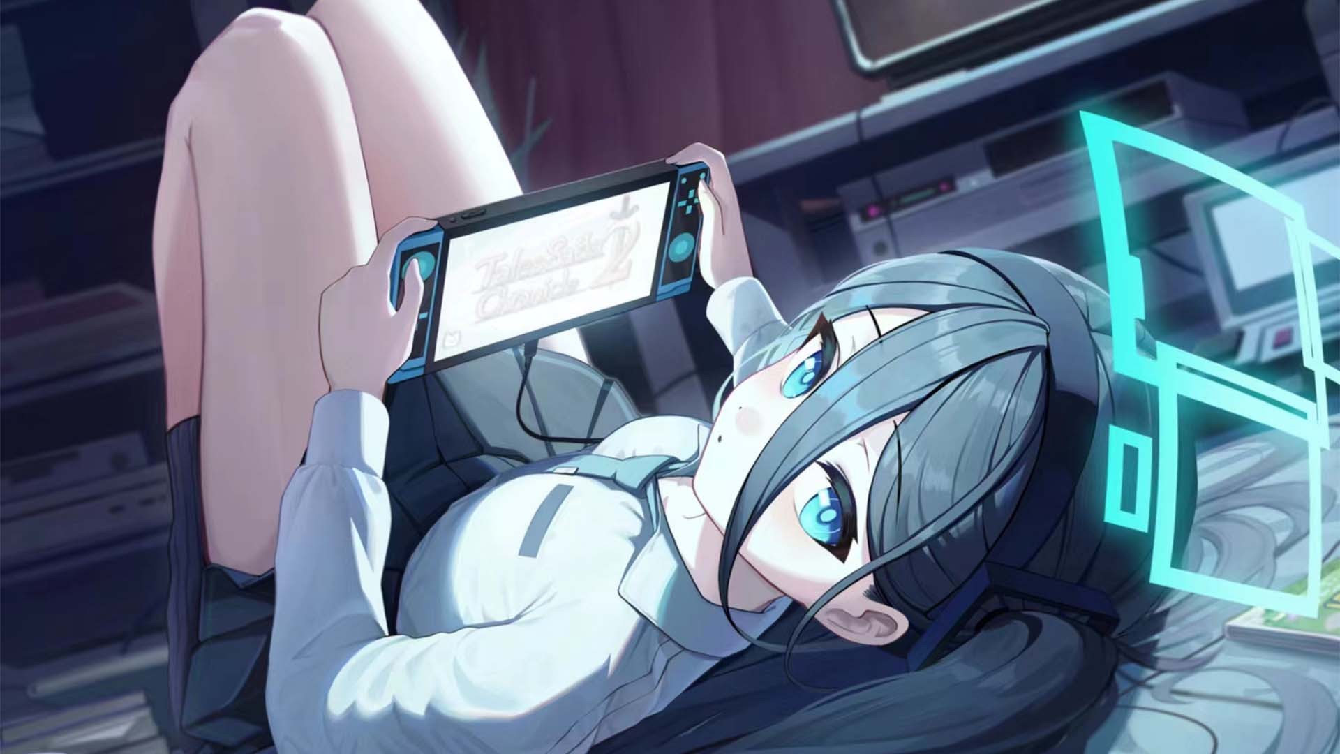 躺卧的蓝瞳少女手持掌机，旁侧浮着青蓝色发光几何轮廓。