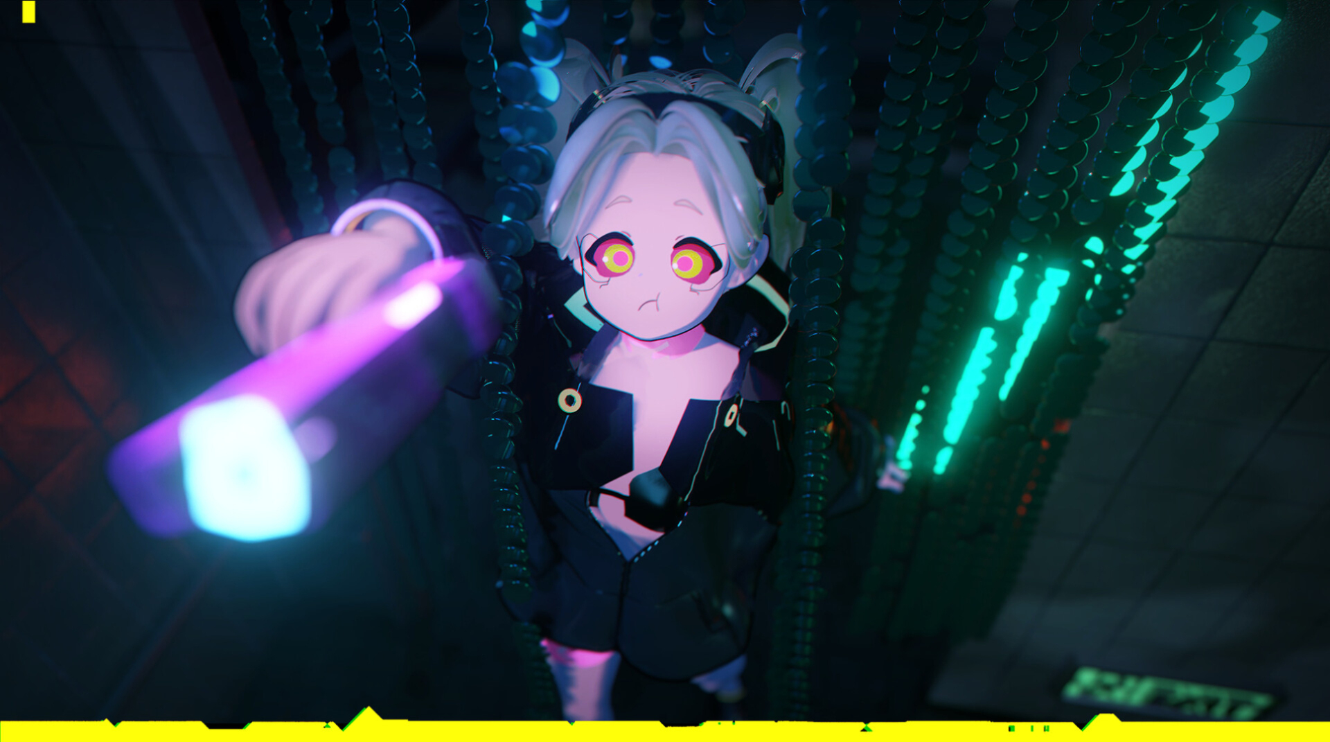 双马尾少女在霓虹串珠帘前伸手持紫灯。
