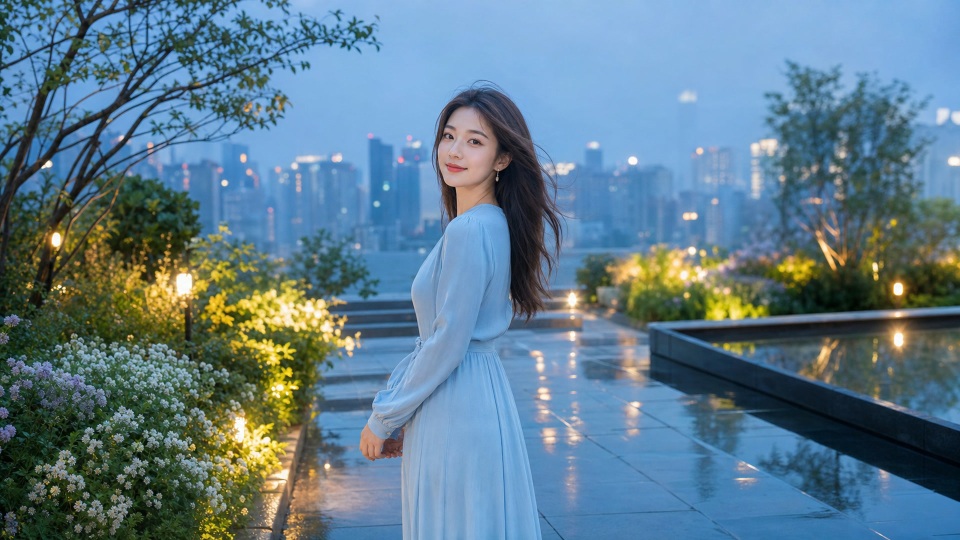 雨后初晴：蓝裙女孩的温柔回眸