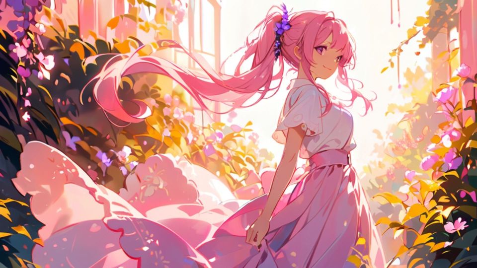 粉色长发美少女花园
