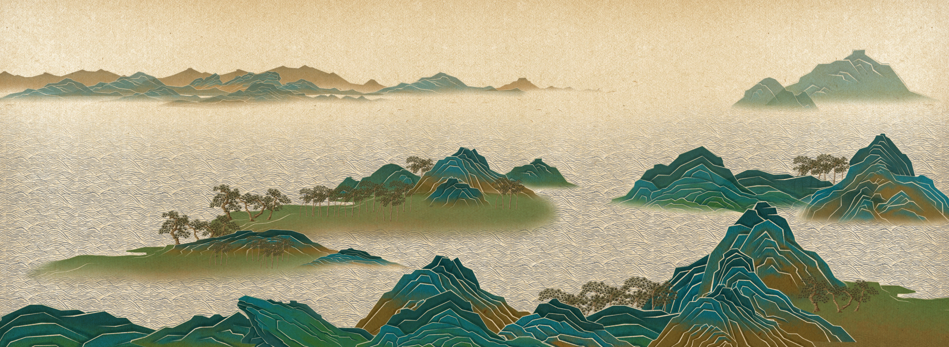 国风复古青绿横版山水，层叠青绿山峦搭配岛状植被山块，下方为蓝灰色水波纹，远景晕染浅棕褐色远山