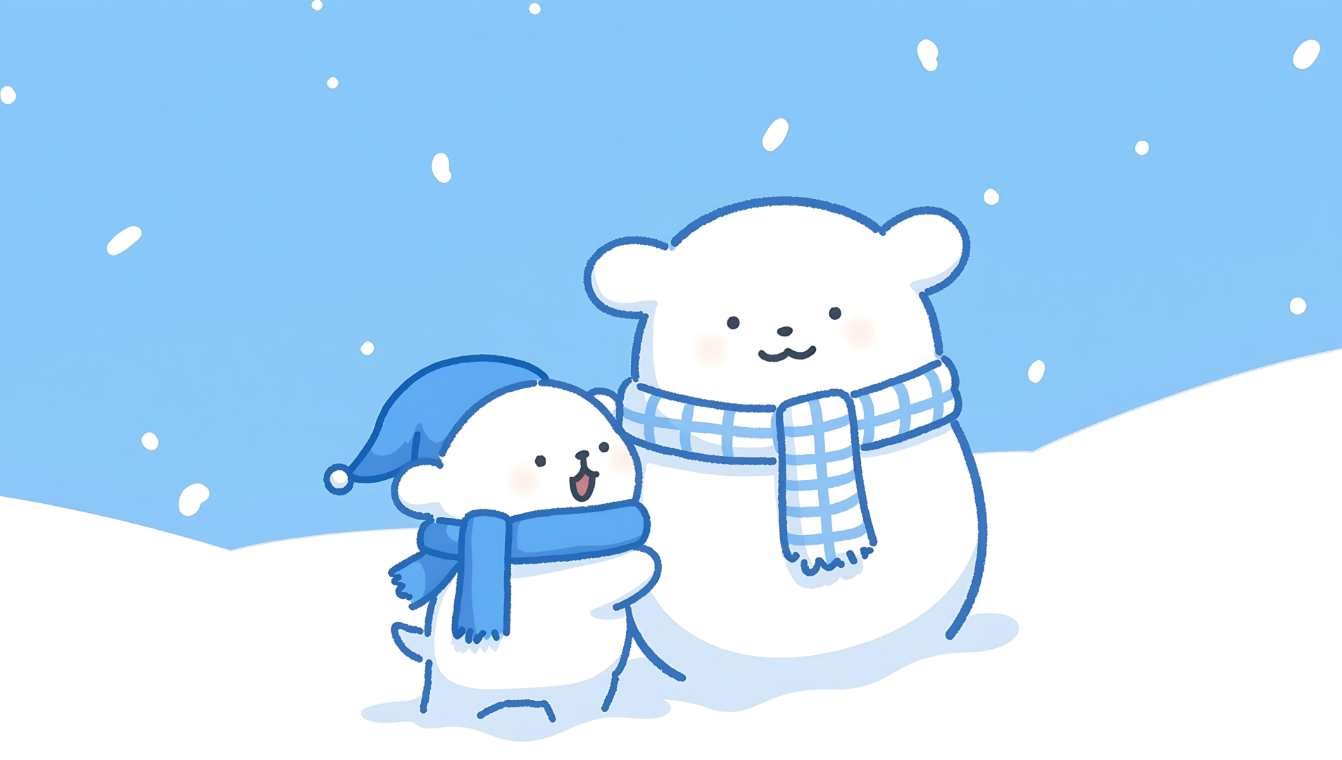 飘雪场景下，两只蓝勾线白色卡通小熊站在起伏的纯白积雪上，分别佩戴蓝睡帽纯色蓝围巾、蓝白格纹围巾，脸颊带淡粉色晕染。