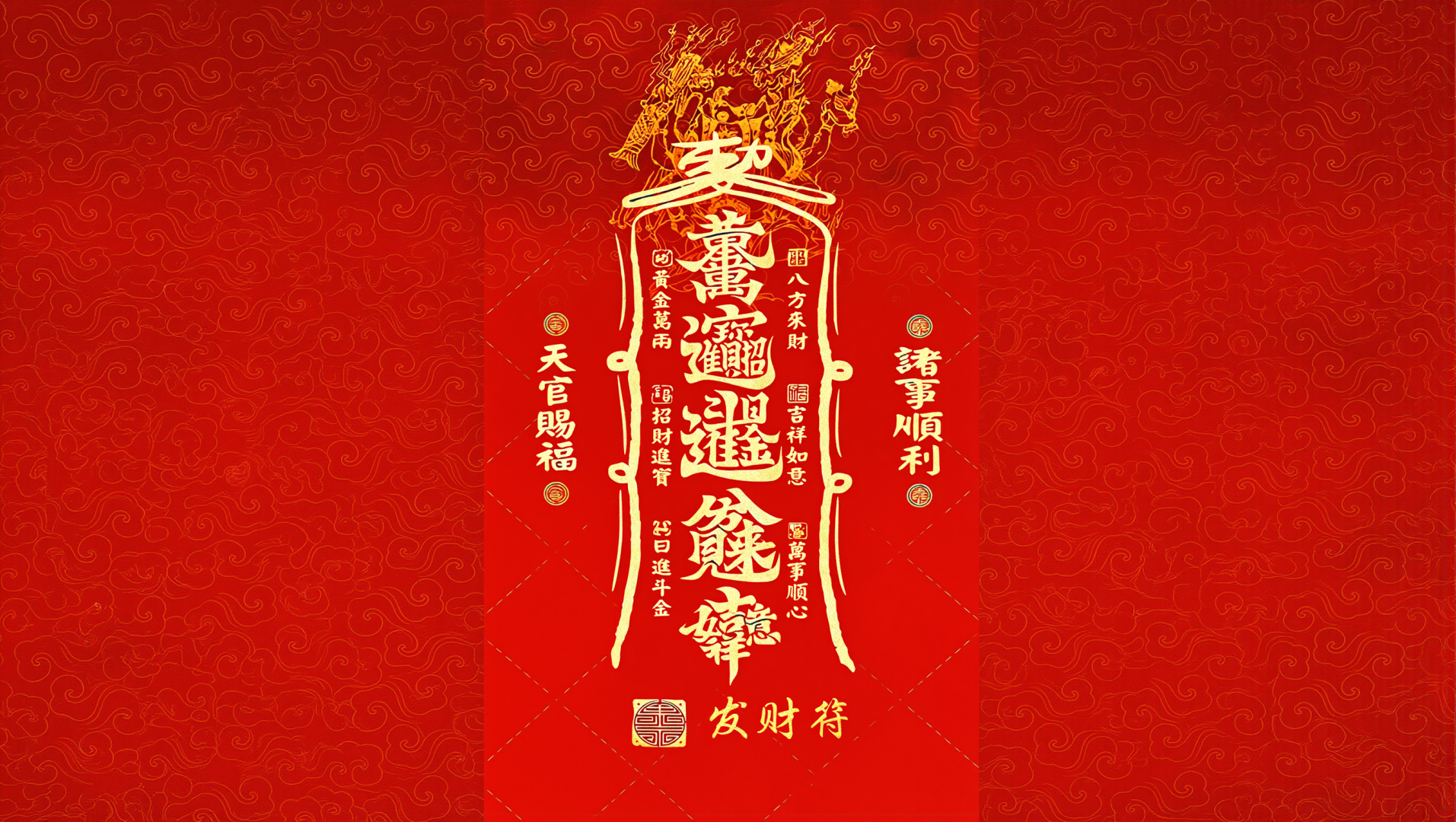 红底金纹竖版国风发财符装饰图