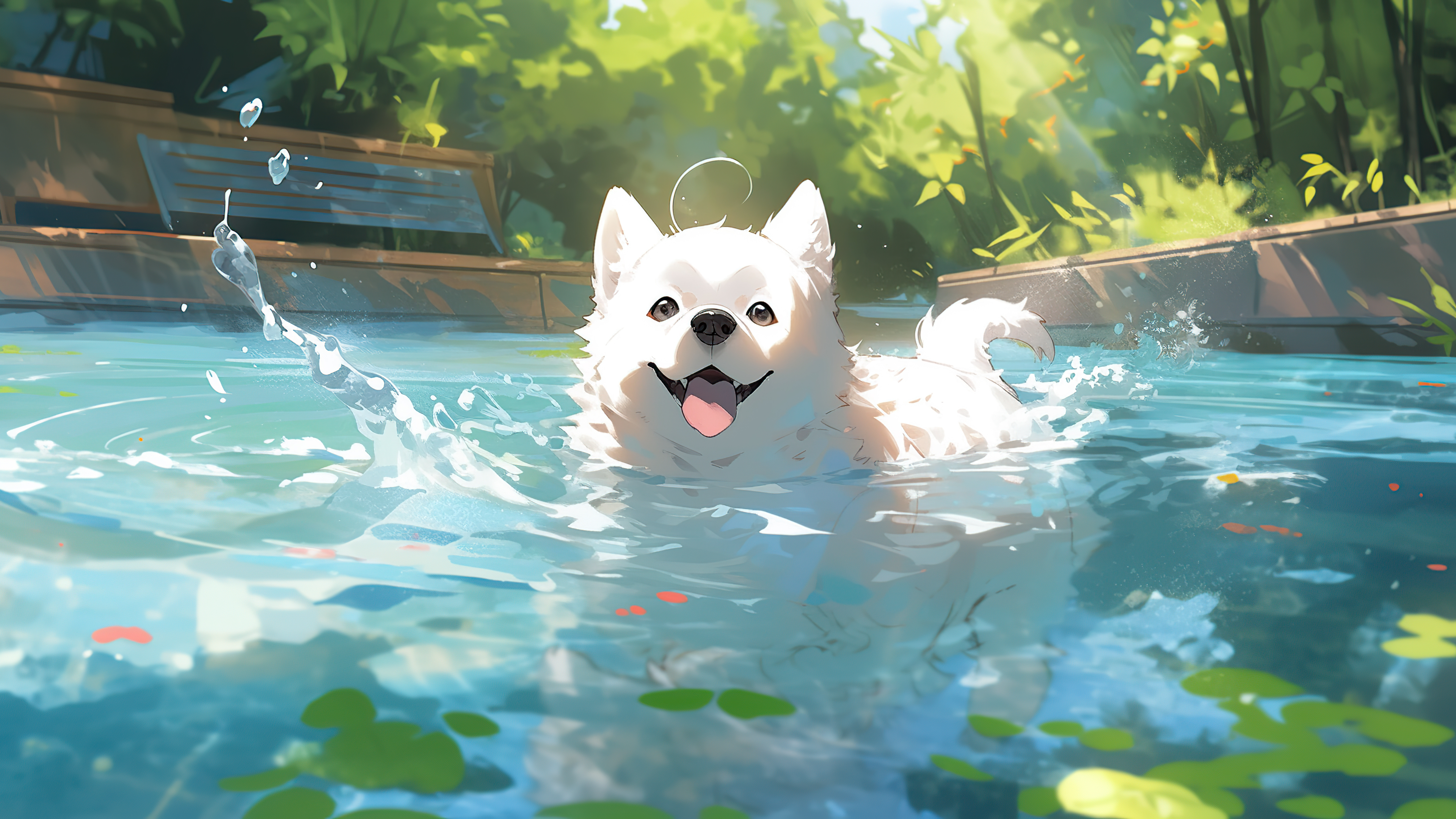 白色小狗池塘玩耍