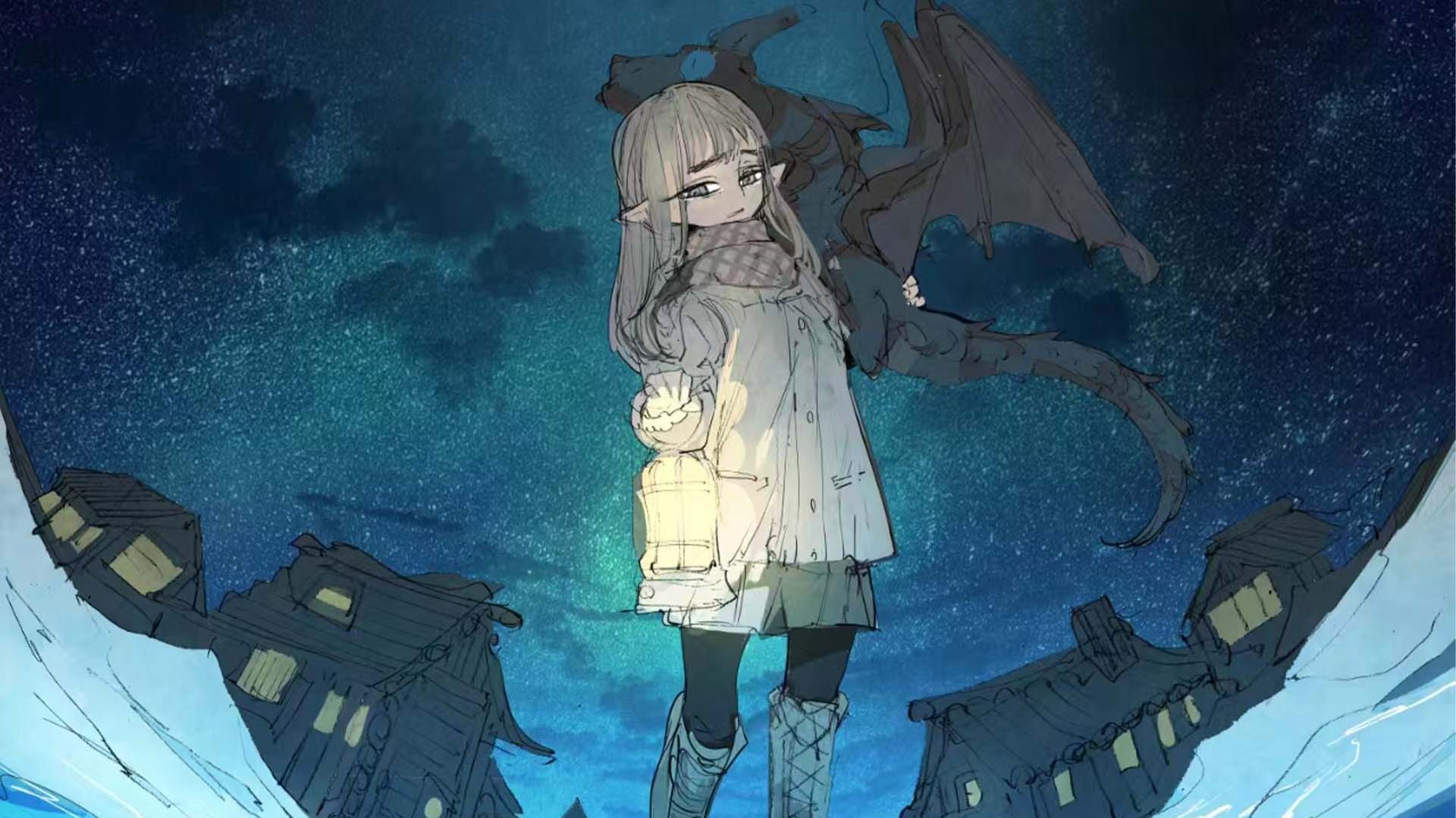 雪夜星空下，尖耳精灵少女手提亮灯，身旁立着黑龙，两侧木屋透出暖黄色灯光