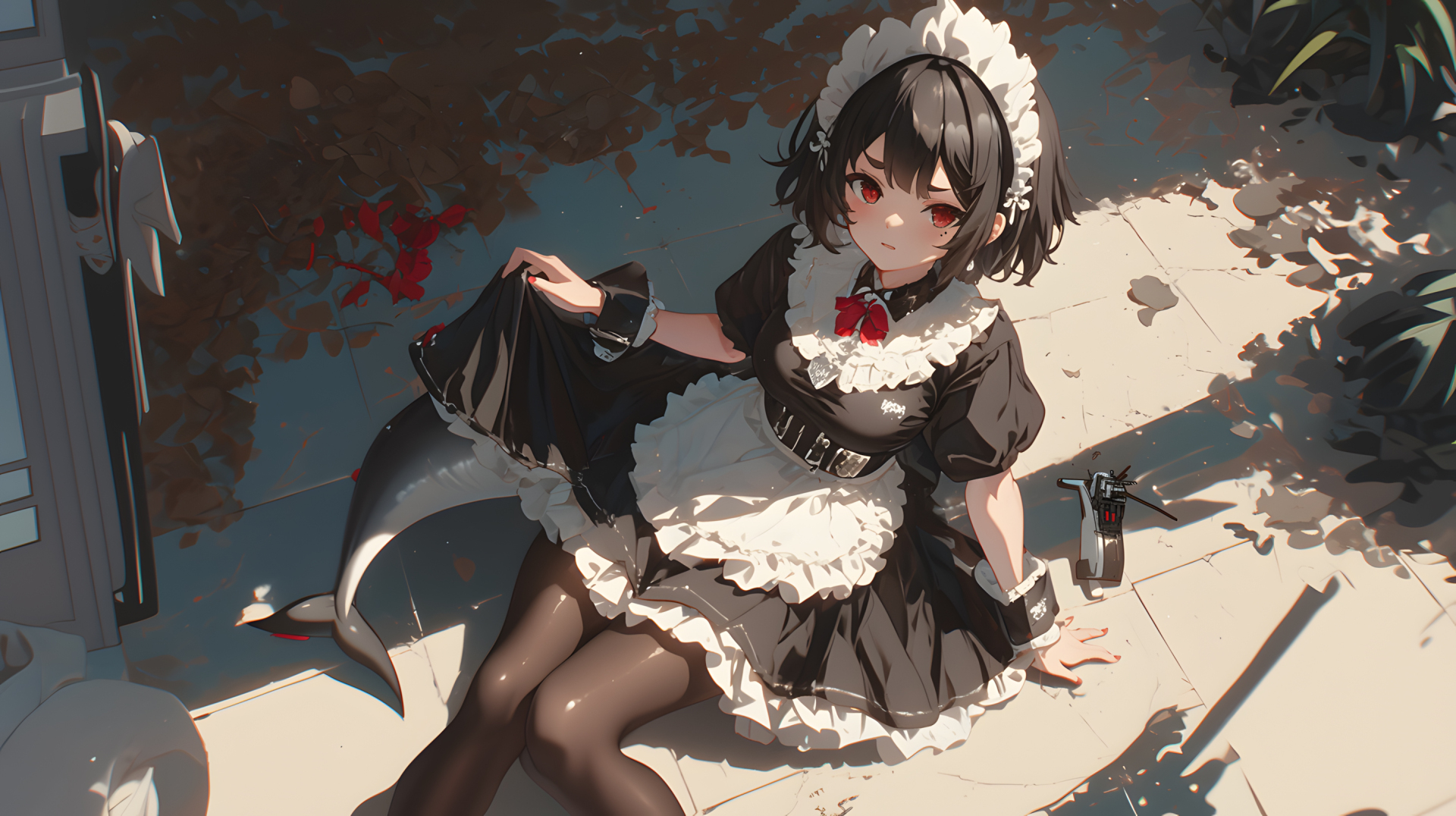 俯视视角的黑短发红眼女仆装少女，身着黑白女仆裙与黑丝袜，身旁露出黑色鱼尾。