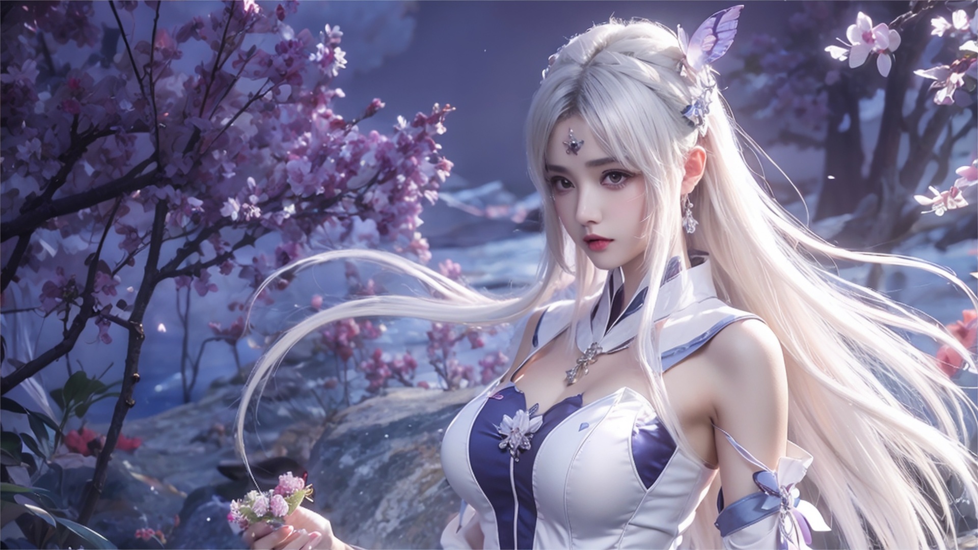白发古风少女立于粉紫花树旁