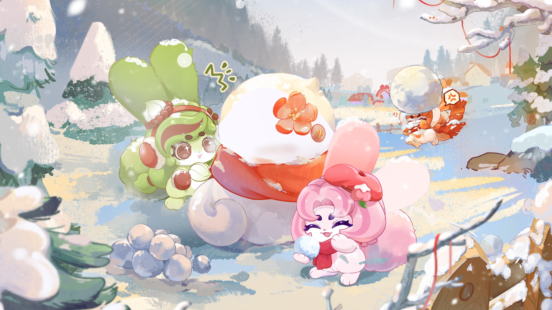 卡布兔新年雪地雪人壁纸白色