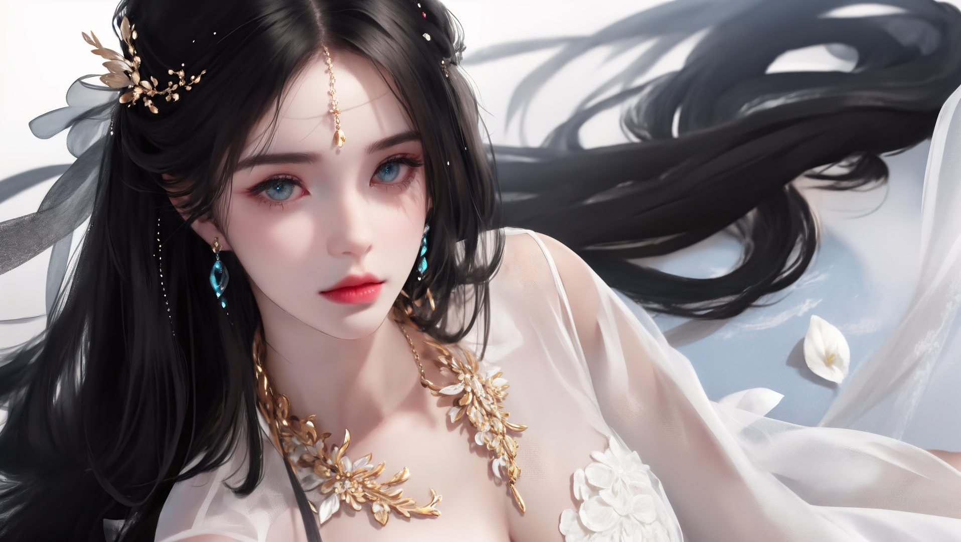 古风女子近景，佩戴金色花形配饰，穿半透白纱衣装，乌黑长发柔曼散开。