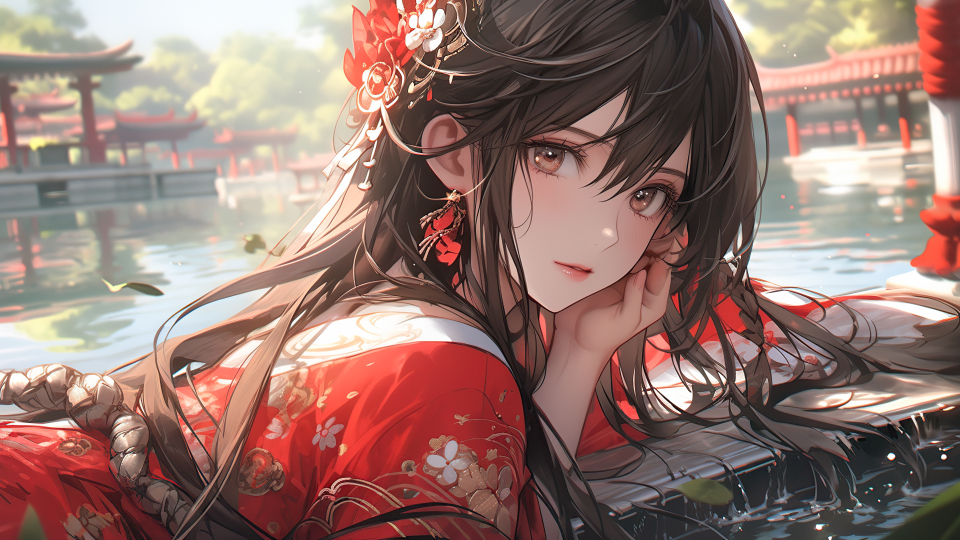 池边红衣少女