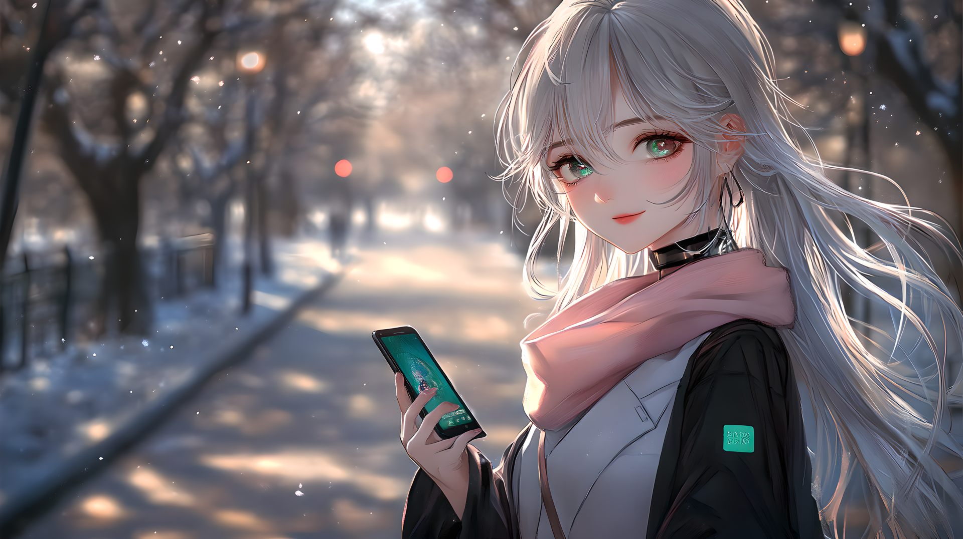 银发绿瞳少女持手机站在落雪步道上回望。