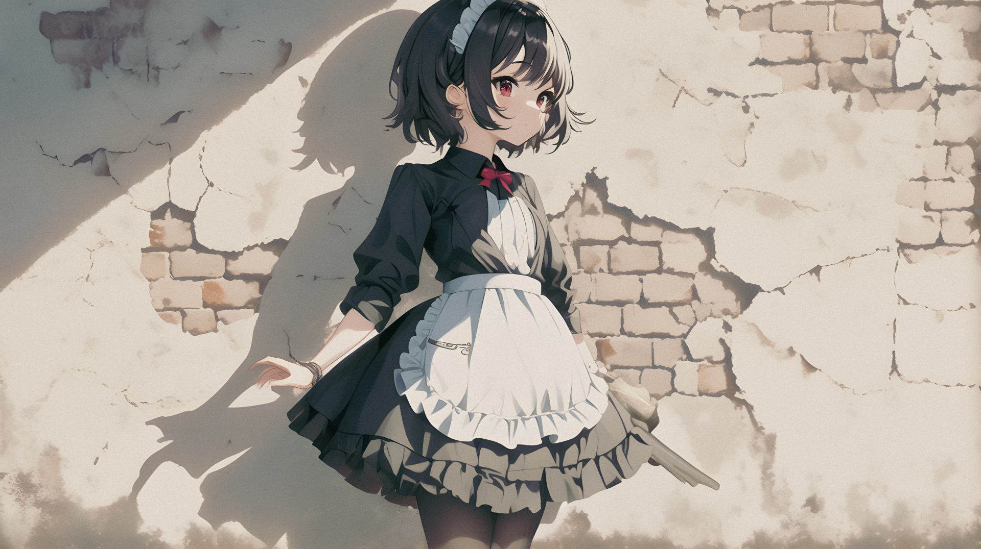 短发黑发红瞳女仆少女站在剥落墙皮露出红砖的旧墙前，身后投下清晰的人形阴影。