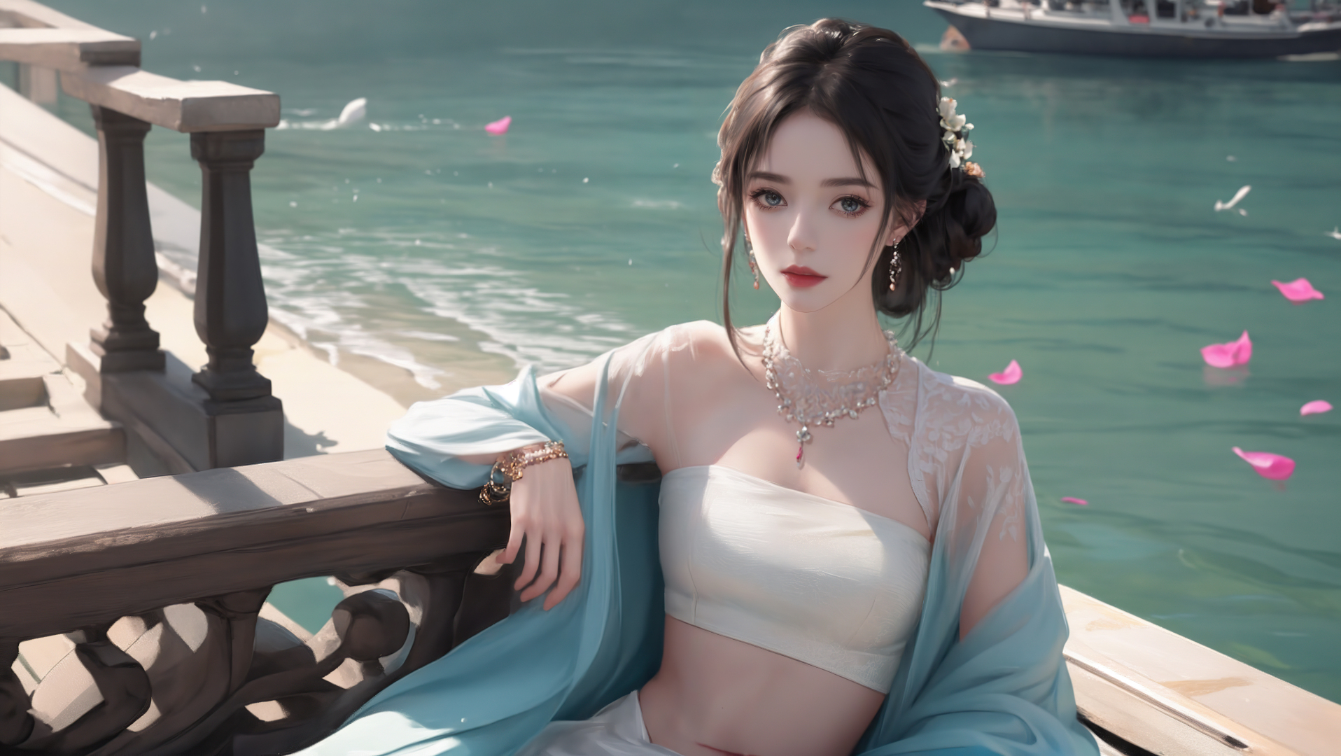 临水雕花石栏边，长腿美女身着白纱古风服饰立于青绿水岸旁，水面浮粉色花瓣，远景水域停泊小船。