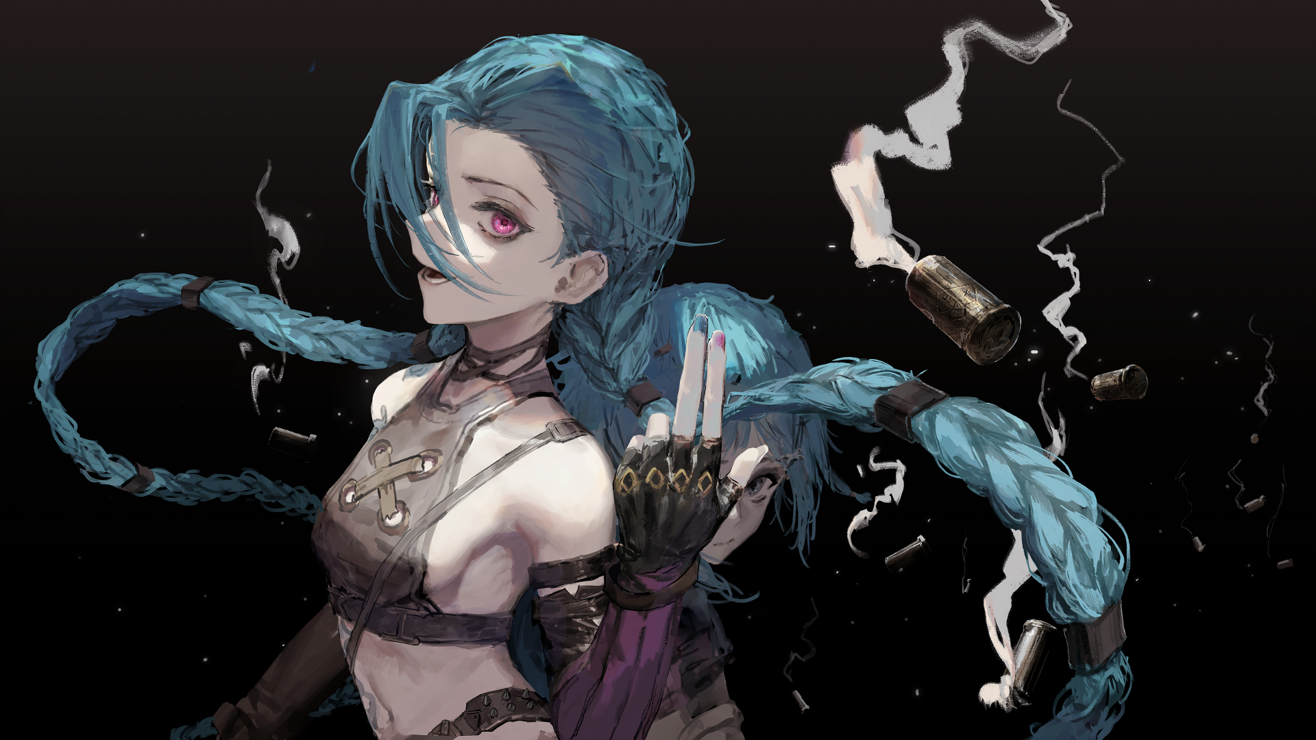 蓝发双辫粉眼少女抬手比V，黑背景中散落冒烟弹壳。
