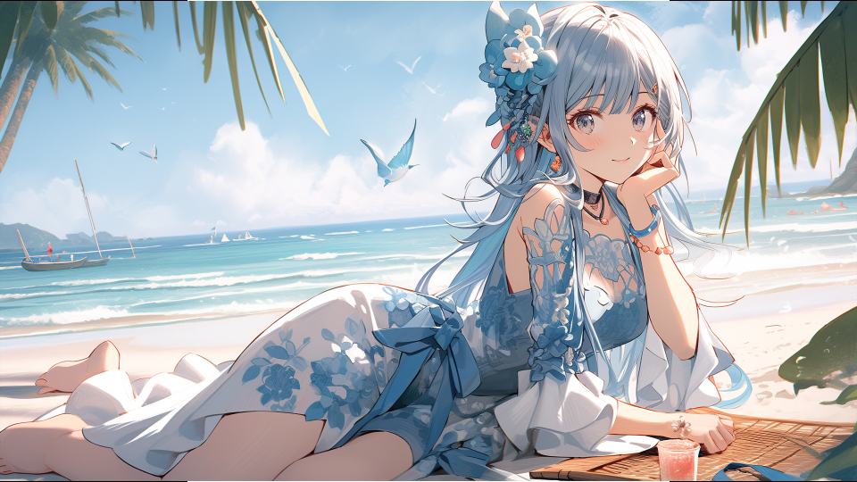 海边沙滩蓝色少女