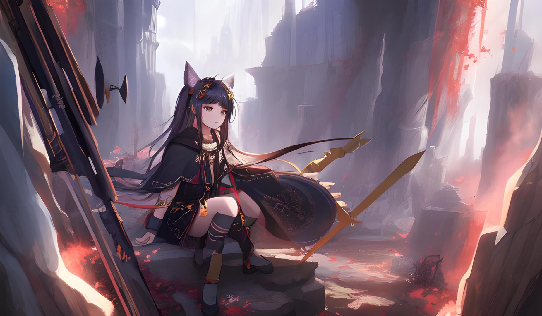 紫发黑猫耳少女静坐在残破石砌废墟间