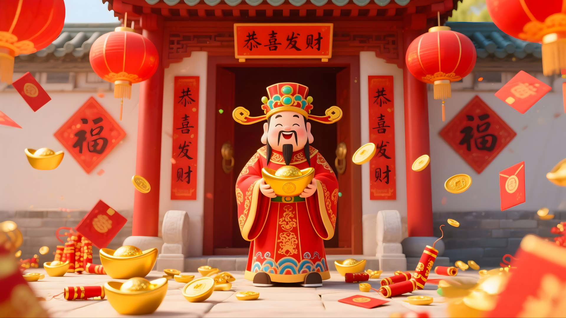 3D渲染的Q版财神身着绣金纹红袍，双手托举硕大的鎏金元宝，站在中式传统宅院门前，宅门两侧悬挂红灯笼、贴有福字与春联，整体以正红和鎏金为主色调。