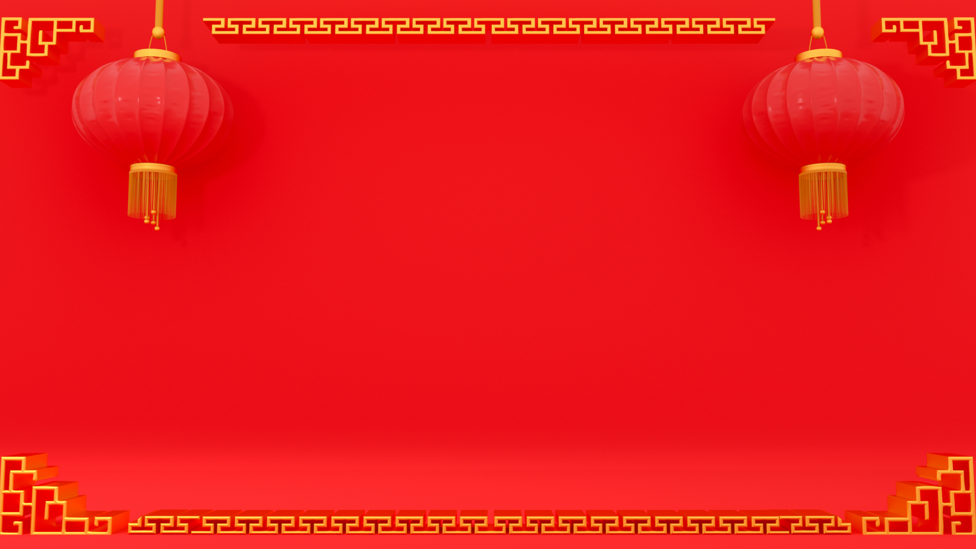 正红色背景，左右上角各悬挂一盏带金色顶饰与流苏的3D红灯笼，画面上下边缘有金色回纹装饰边框，中部为大面积红色留白区域。