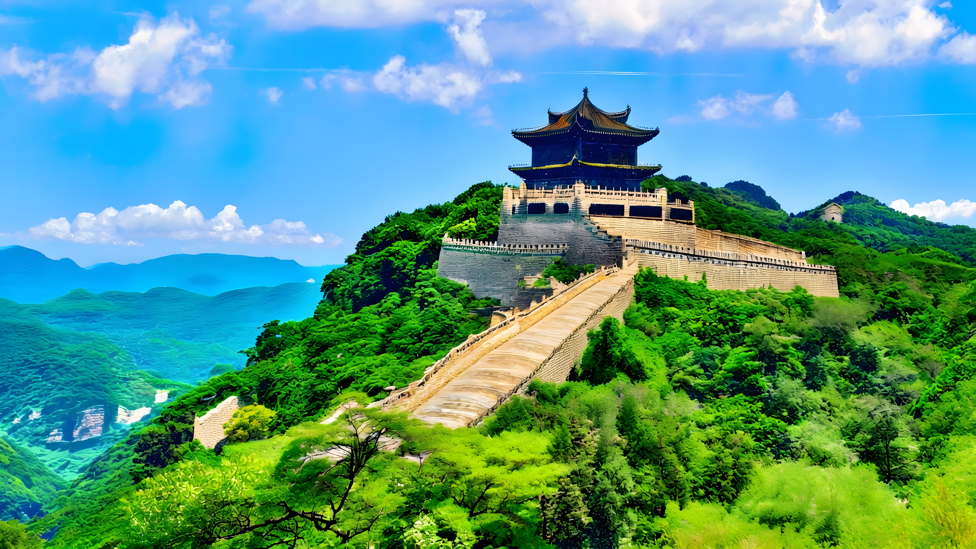 建在翠绿山巅的黑瓦古建城墙，周围是连绵青山与澄澈蓝天。