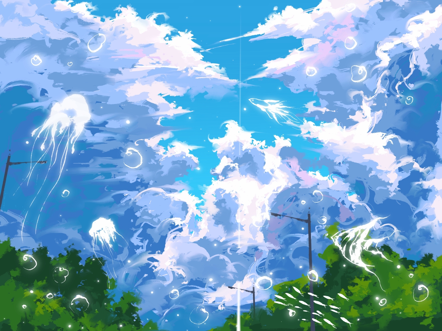 蓝调天空下的发光水母与白色飞鱼插画