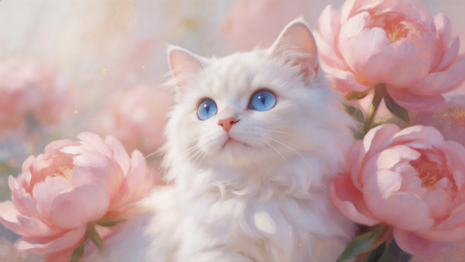 蓝眼纯白长毛猫咪身处粉艳重瓣花簇之间。