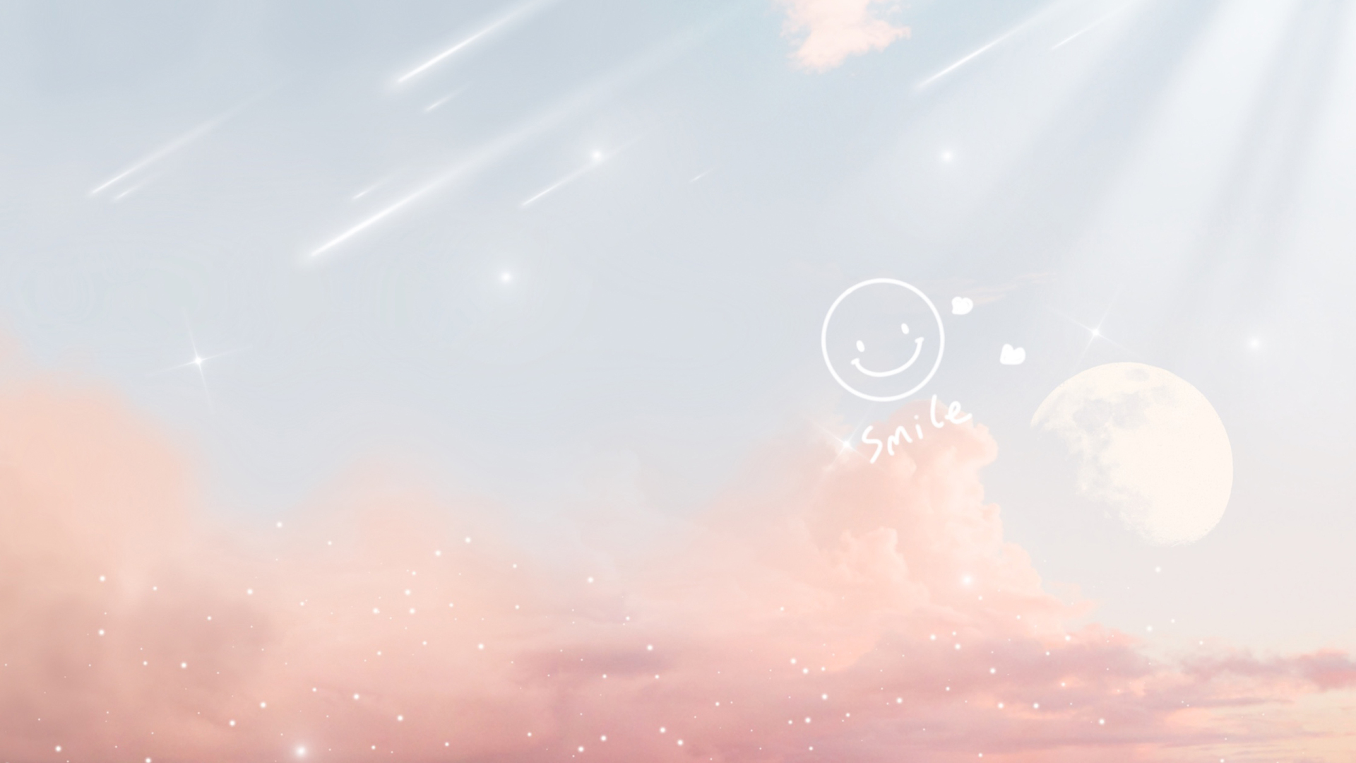 粉蓝渐变天空，粉云伴流星、满月，右侧有手绘微笑与Smile字样。