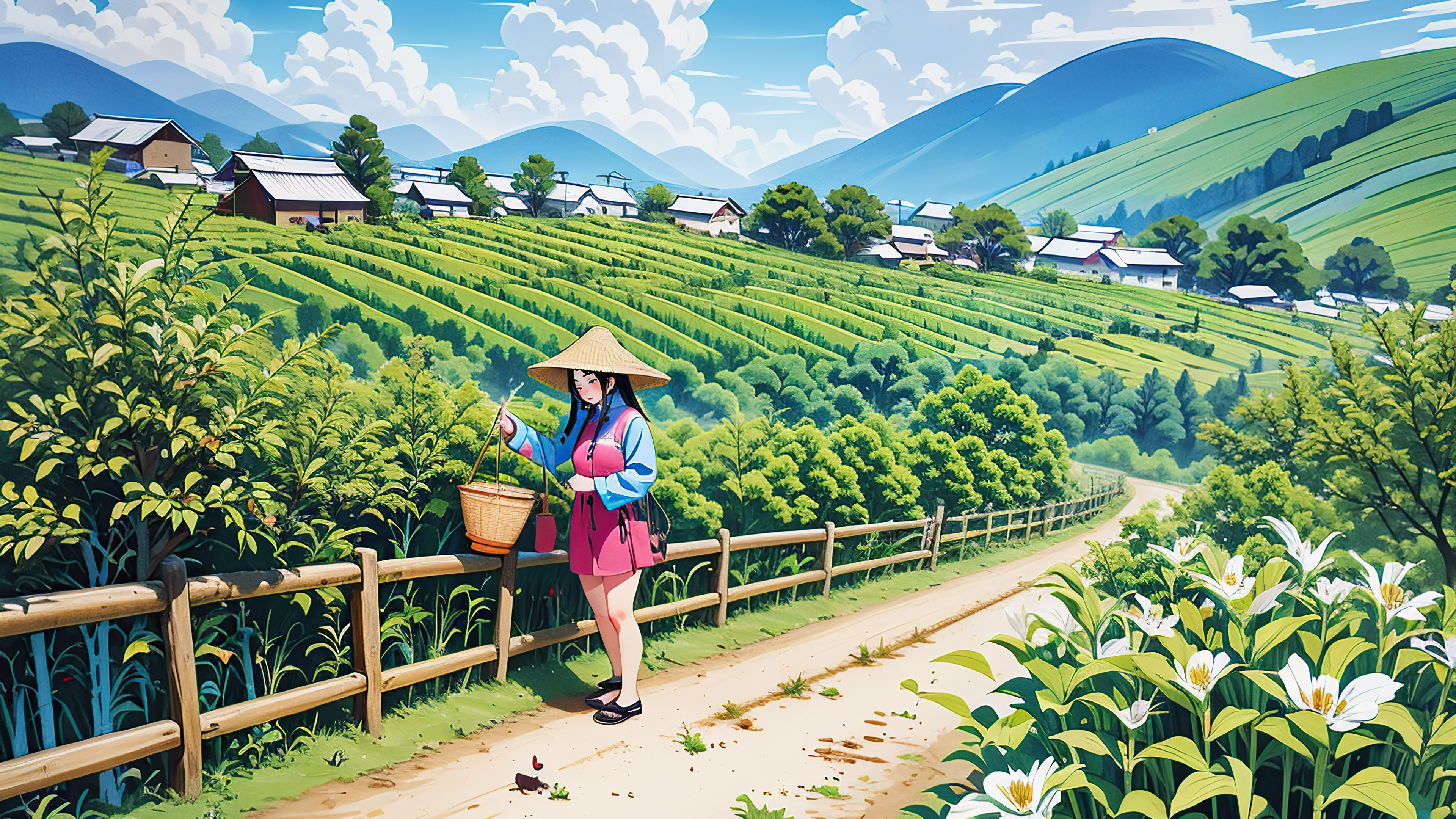 采摘茶叶，农村，丘陵