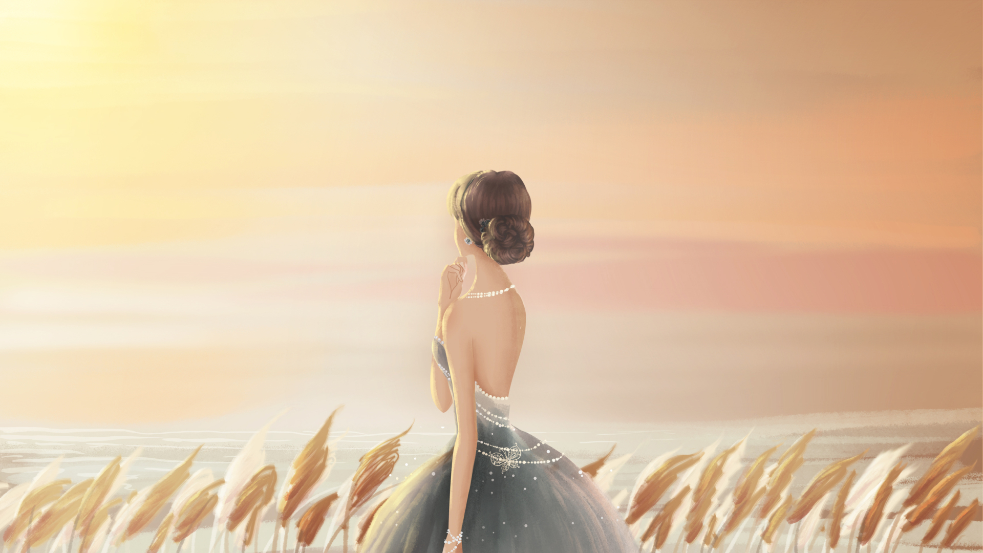 手绘治愈系插画中，灰纱礼服女性背对观者站在黄昏岸畔，前景是暖棕金色蒲苇状草本植物，橙黄到粉橙渐变的黄昏天空铺在上方，暖调氛围柔和。