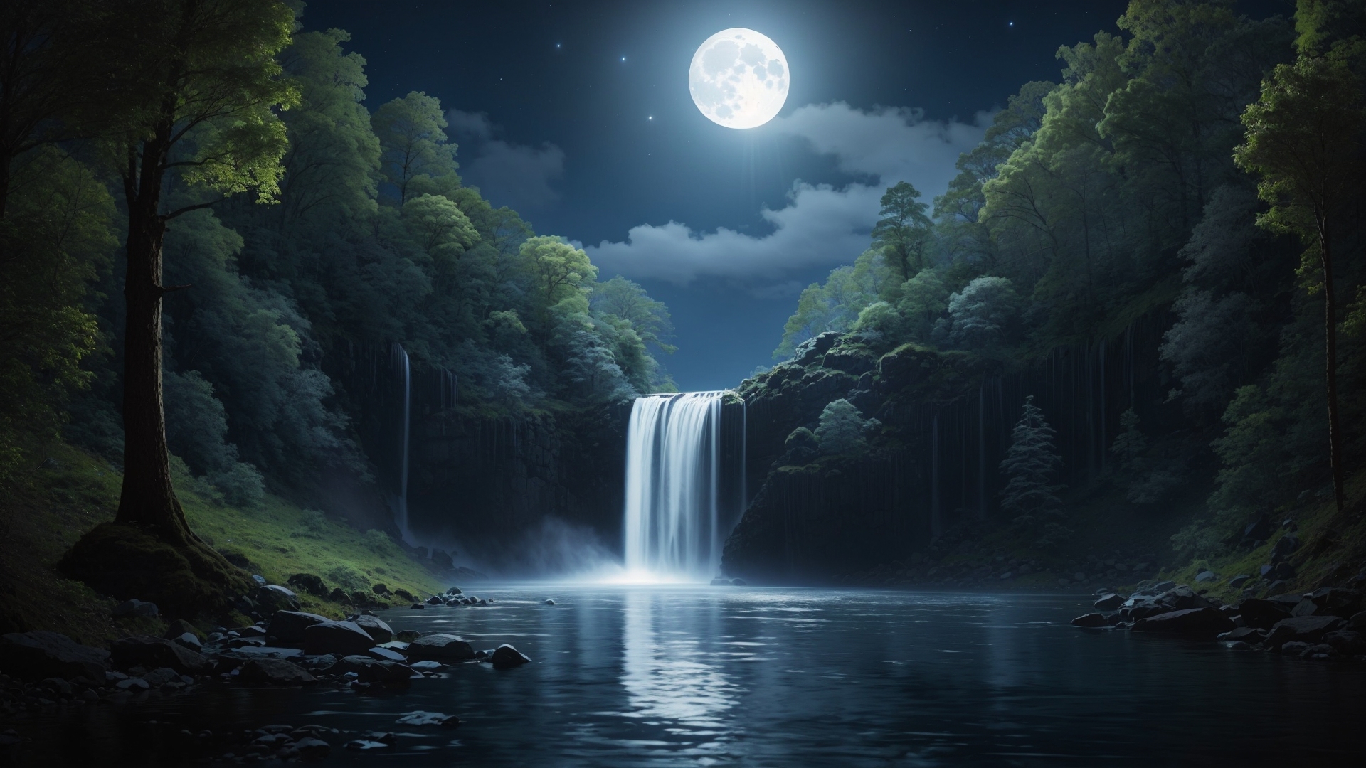 满月山林瀑布夜景，主瀑布映于河面，两岸遍布葱郁林木与礁石