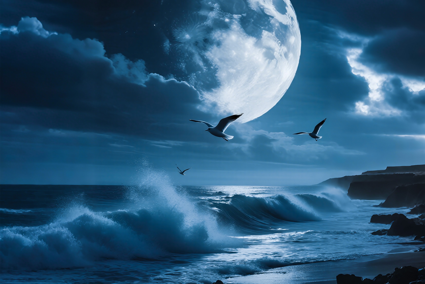 月夜海岸，巨型满月悬在深蓝夜空，三只海鸟飞过翻涌的海浪。