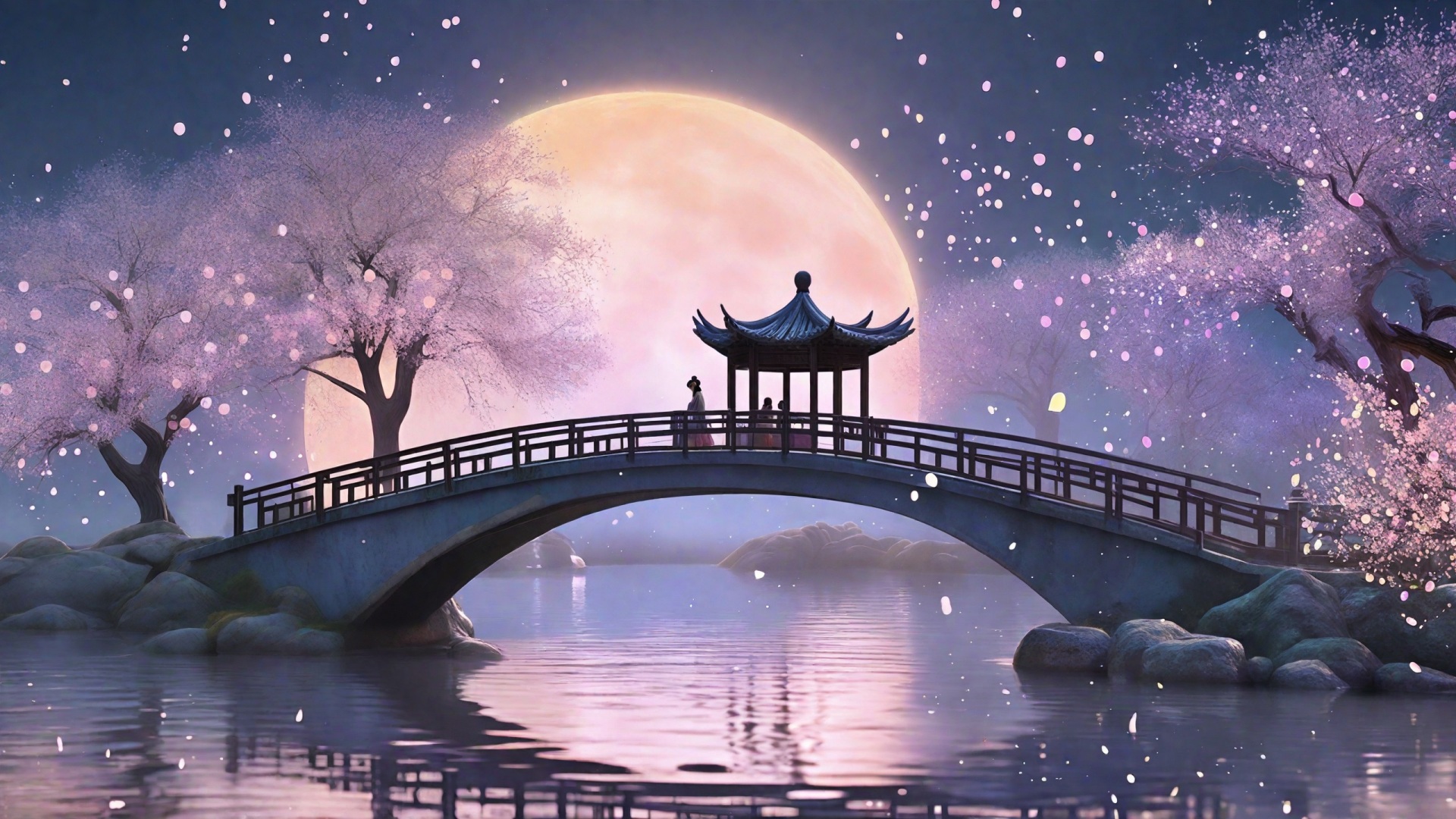 圆月古夜樱湖畔石拱桥凉亭国风插画