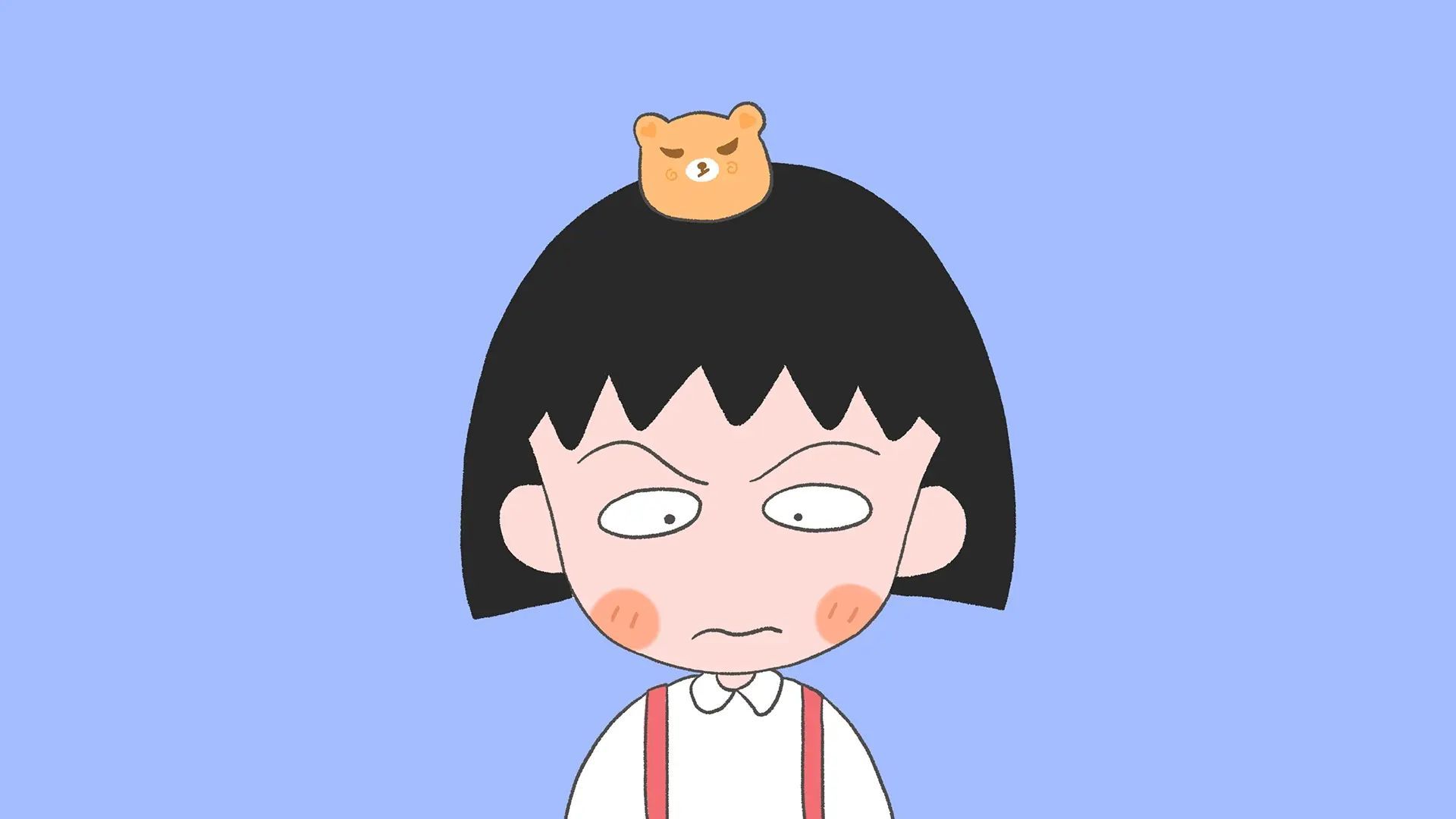 蓝紫色背景上头顶橙色小熊的卡通女孩