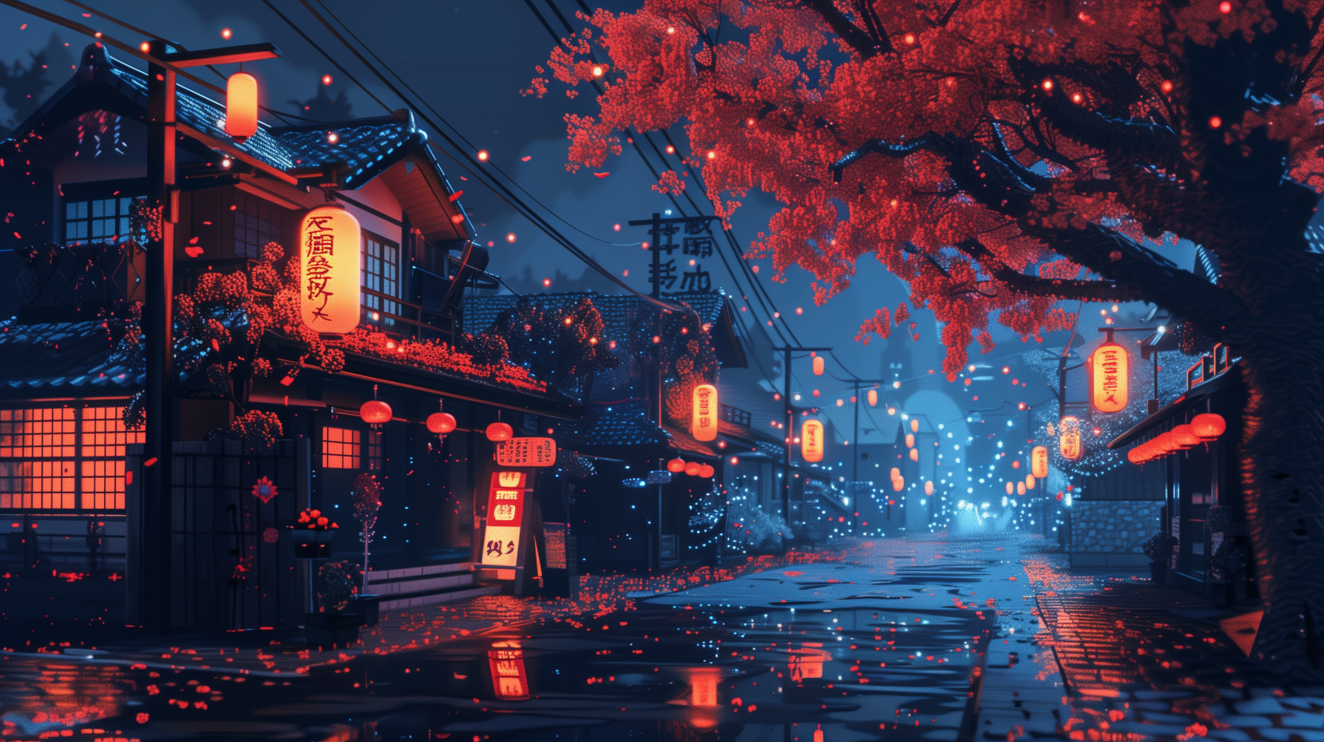 暖红灯笼与红叶樱花交织的古街雨夜场景