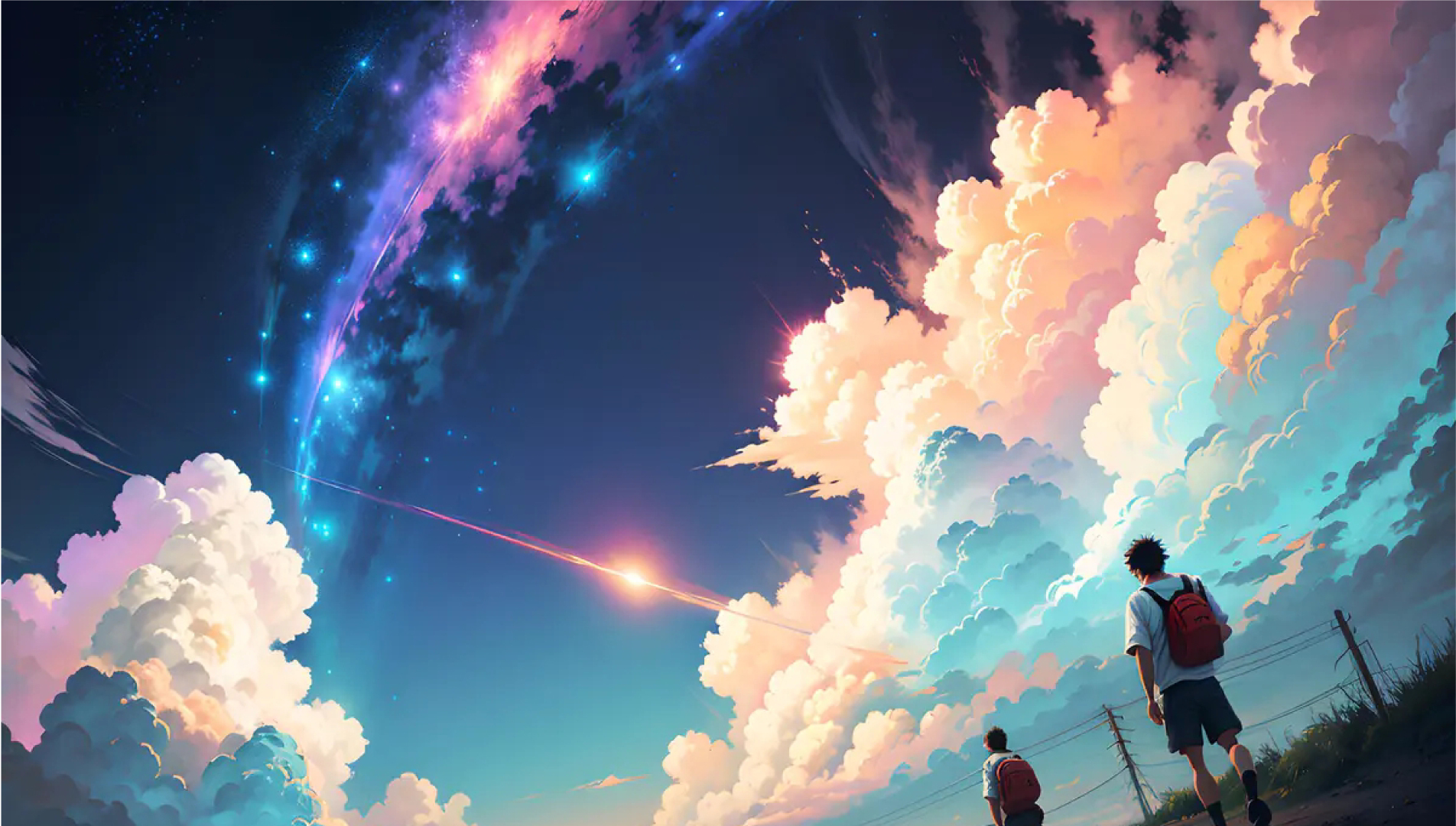 两名背红背包的少年站在路边，仰看布满粉橙积云与紫蓝星云的绚烂天空。
